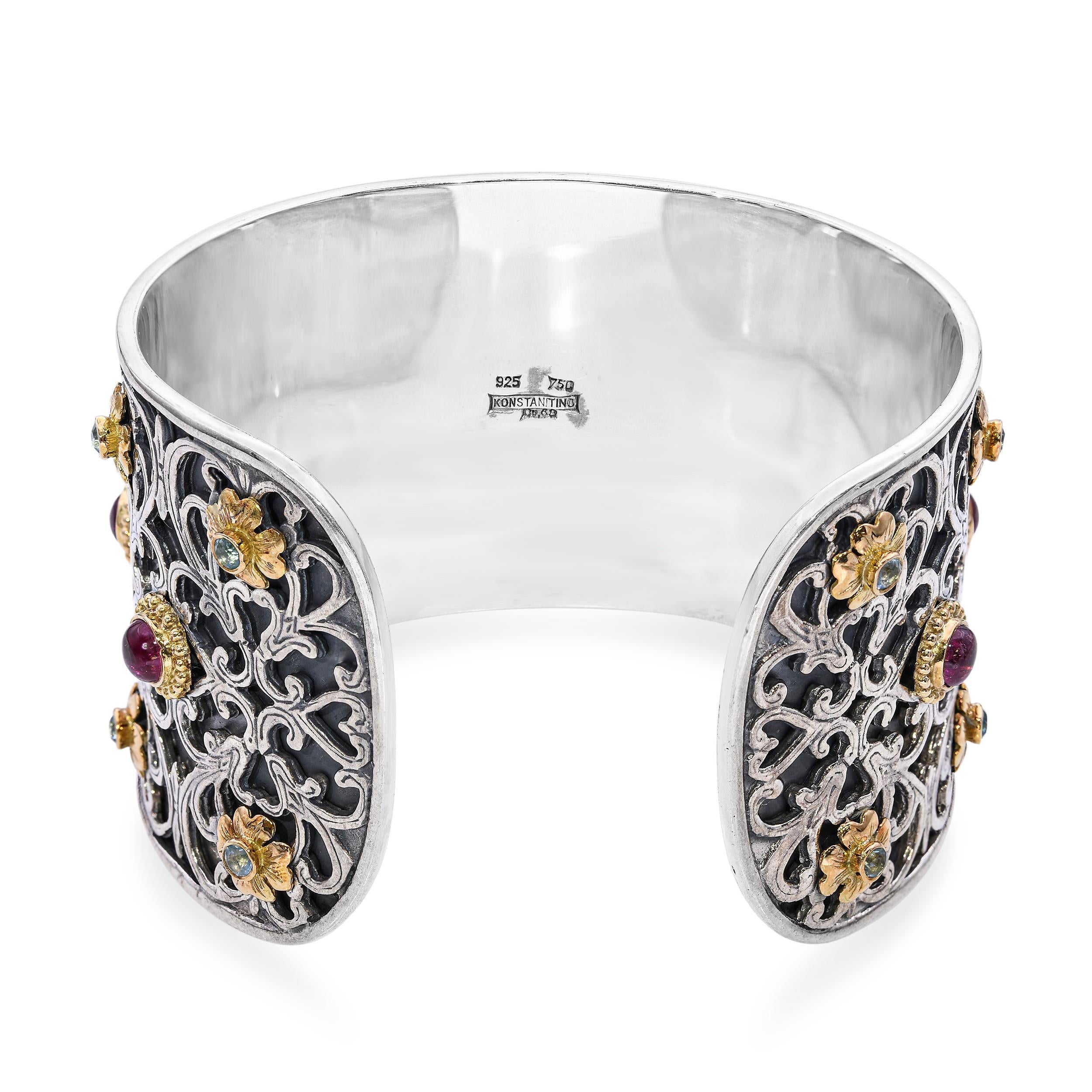 Konstantino Sterling Silver 18K Gold Blue Topaz & Pink Tourmaline Cuff Bracelet