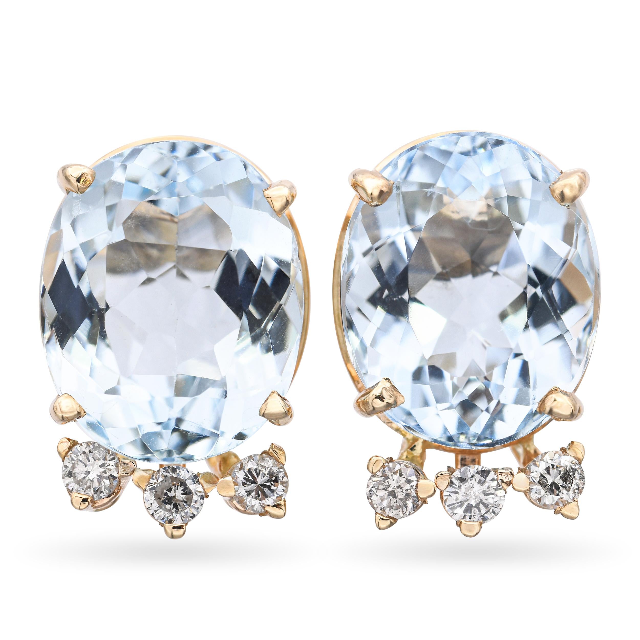 14k Yellow Gold Aquamarine Diamond Stud Earrings