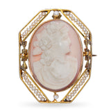 Vintage 10k Yellow Gold Seed Pearl and Woman Profile Coral Cameo Brooch