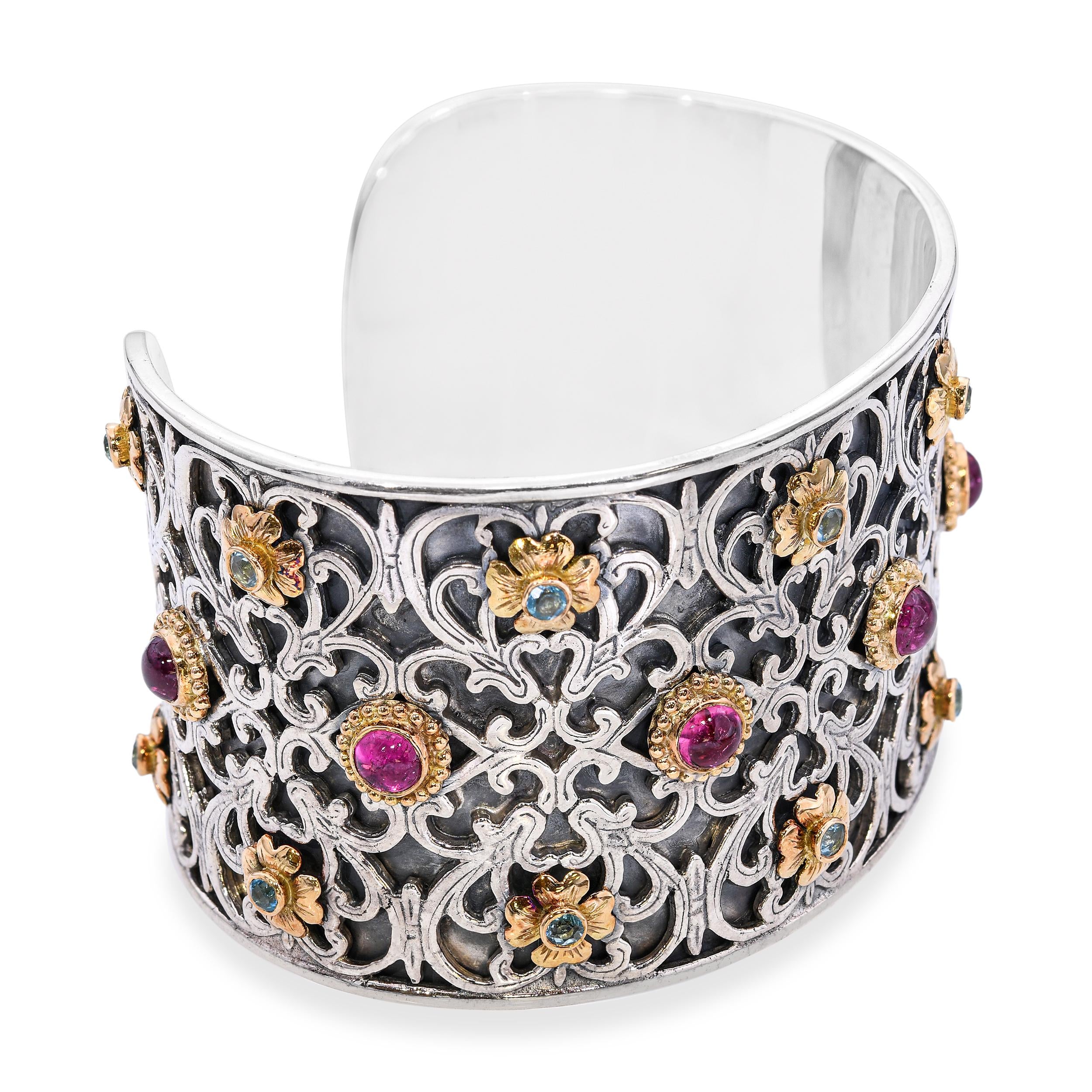 Konstantino Sterling Silver 18K Gold Blue Topaz & Pink Tourmaline Cuff Bracelet