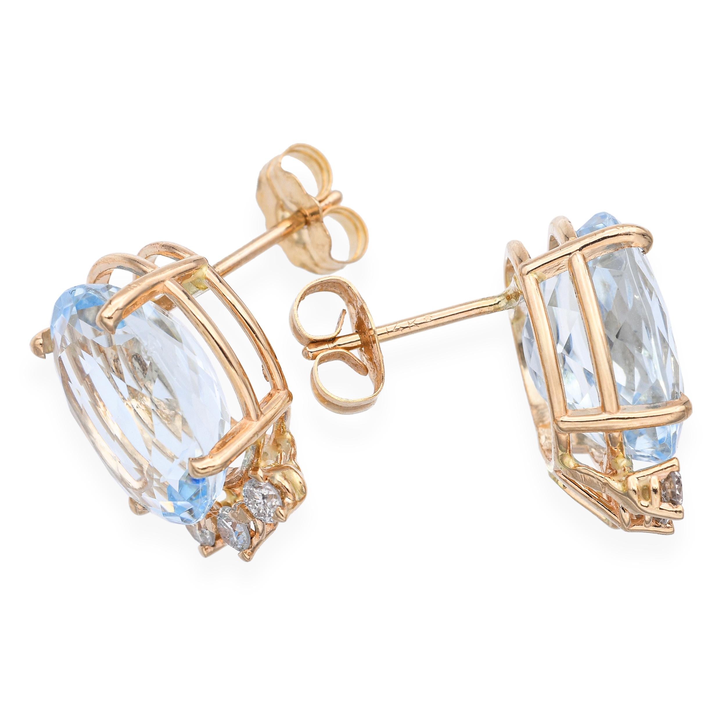 14k Yellow Gold Aquamarine Diamond Stud Earrings
