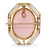 Vintage 10k Yellow Gold Seed Pearl and Woman Profile Coral Cameo Brooch