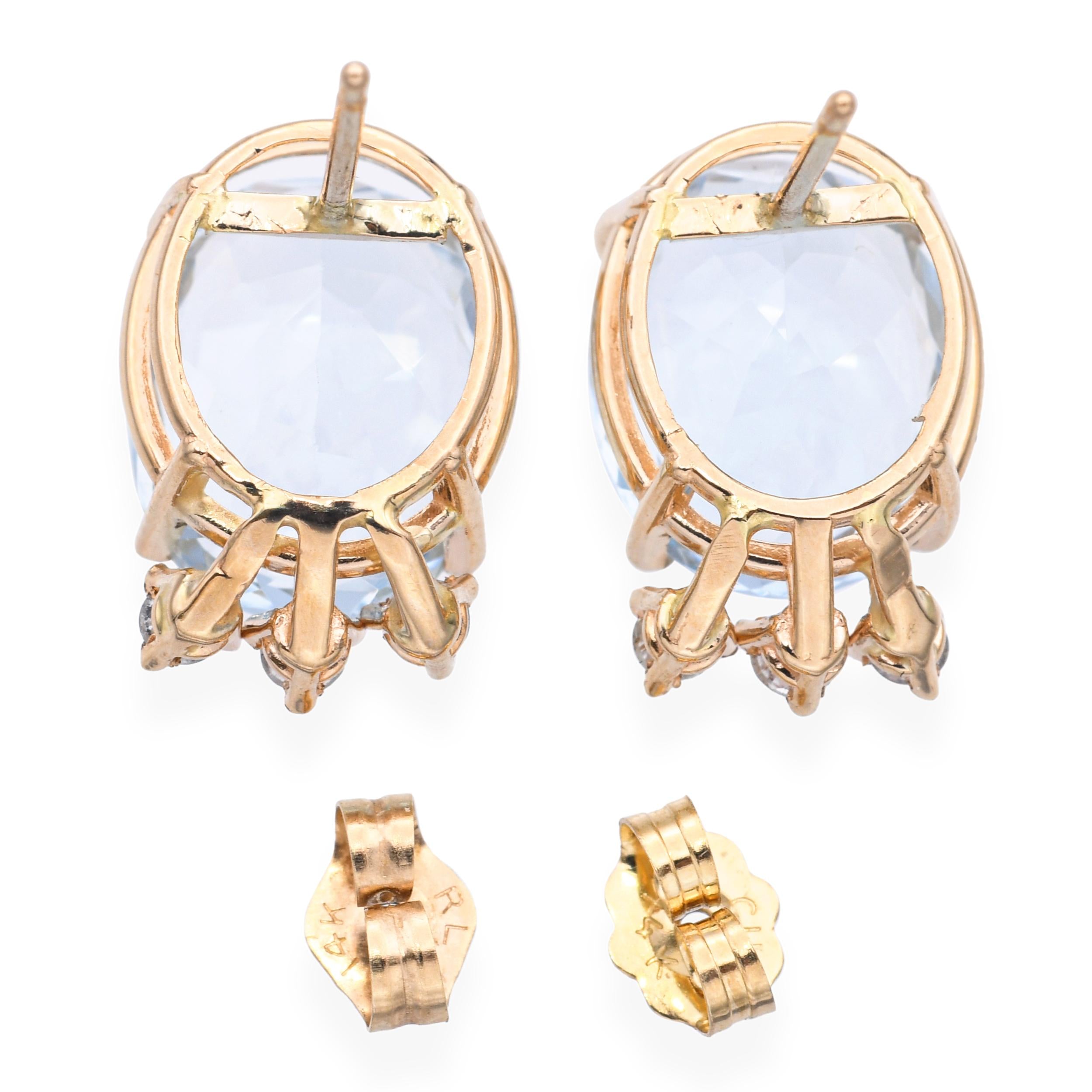 14k Yellow Gold Aquamarine Diamond Stud Earrings