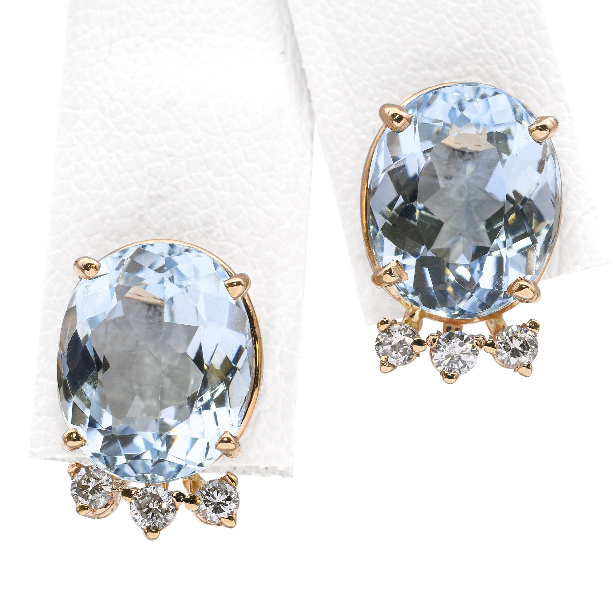 14k Yellow Gold Aquamarine Diamond Stud Earrings