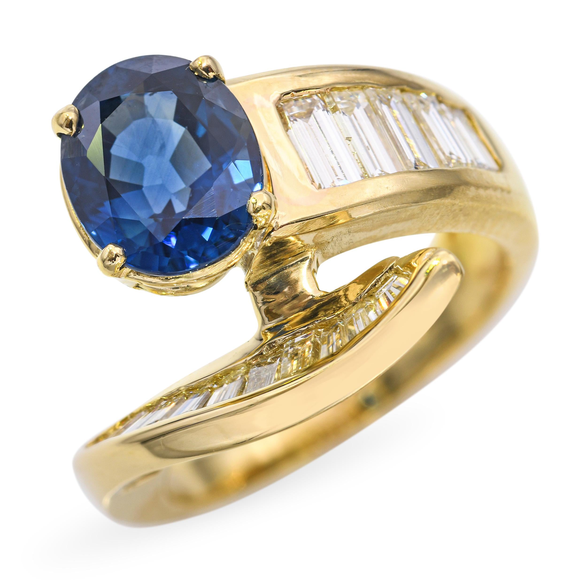 18k Yellow Gold 2.70ct Ceylon Sapphire and Diamond Bypass Ring