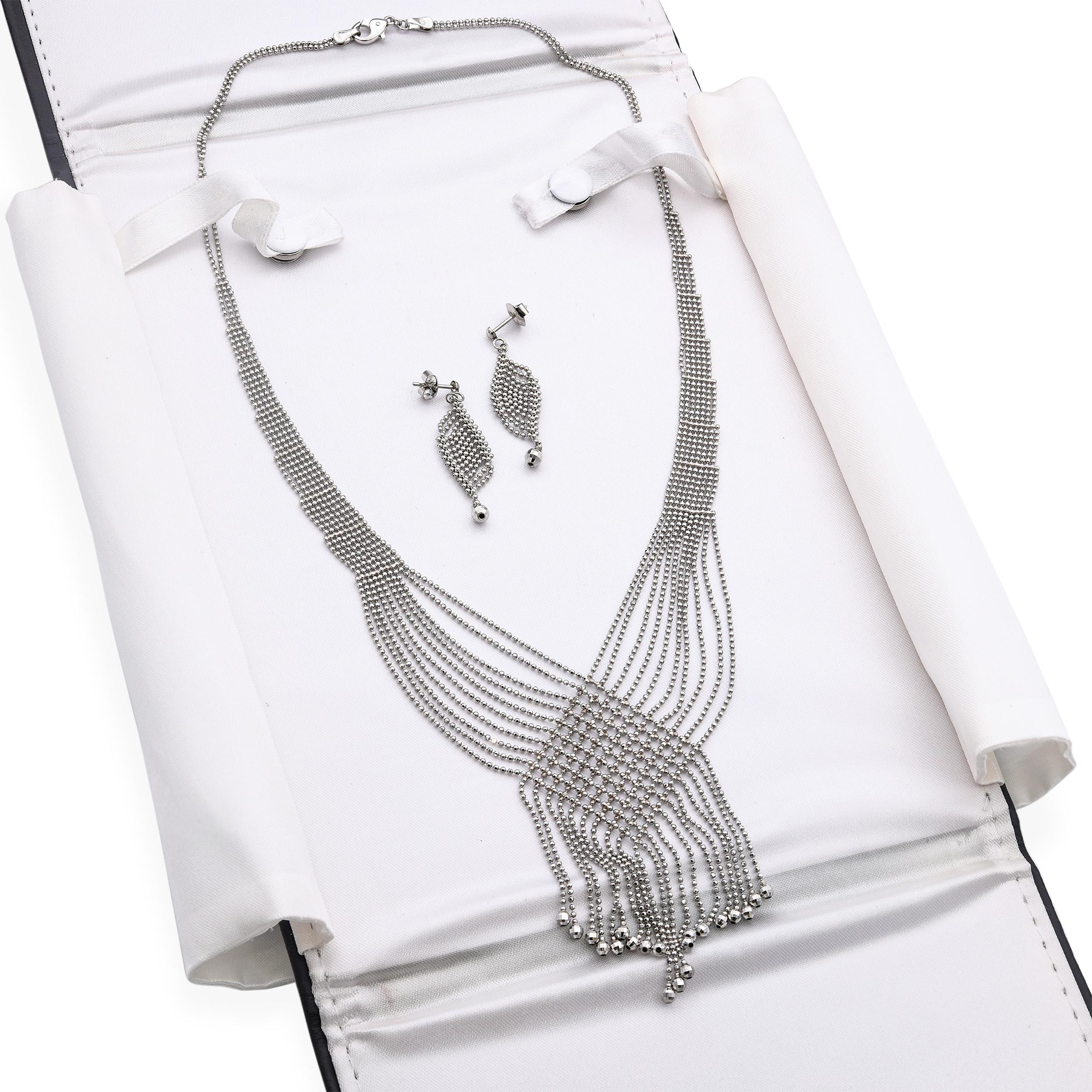 Platinum Bead with Diamond-Cut Accents Necklace and Dangle Earrings Set