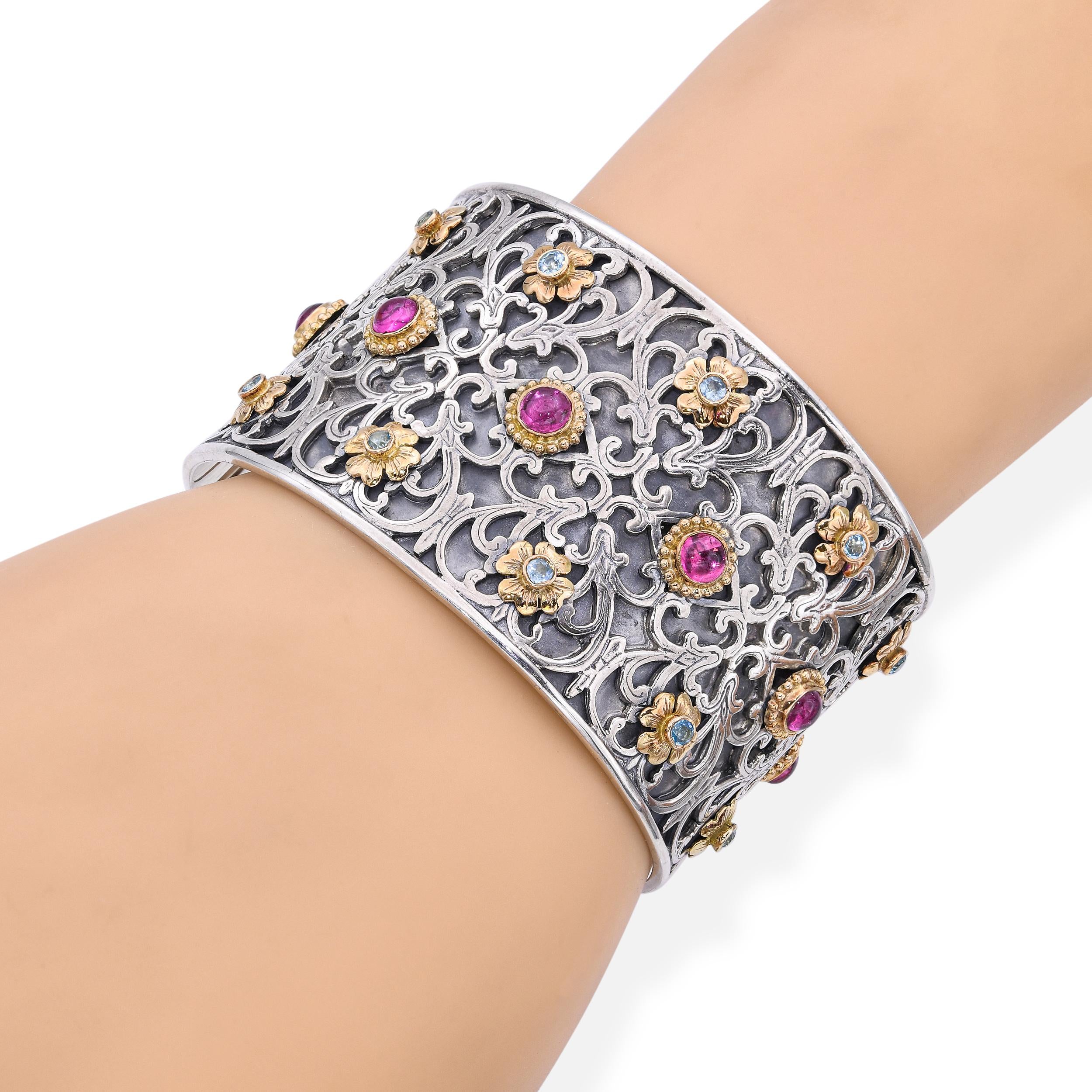 Konstantino Sterling Silver 18K Gold Blue Topaz & Pink Tourmaline Cuff Bracelet