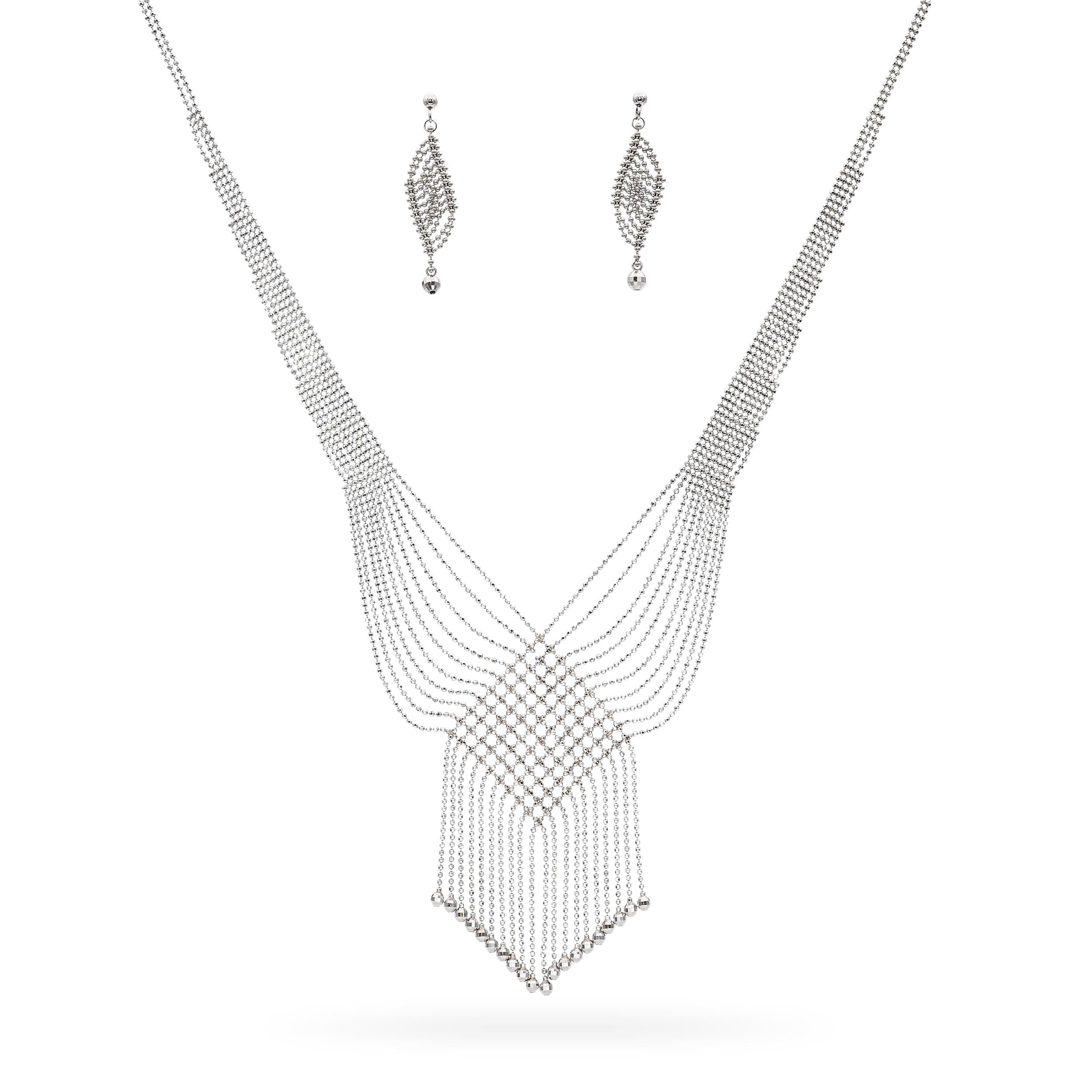 Platinum Bead with Diamond-Cut Accents Necklace and Dangle Earrings Set