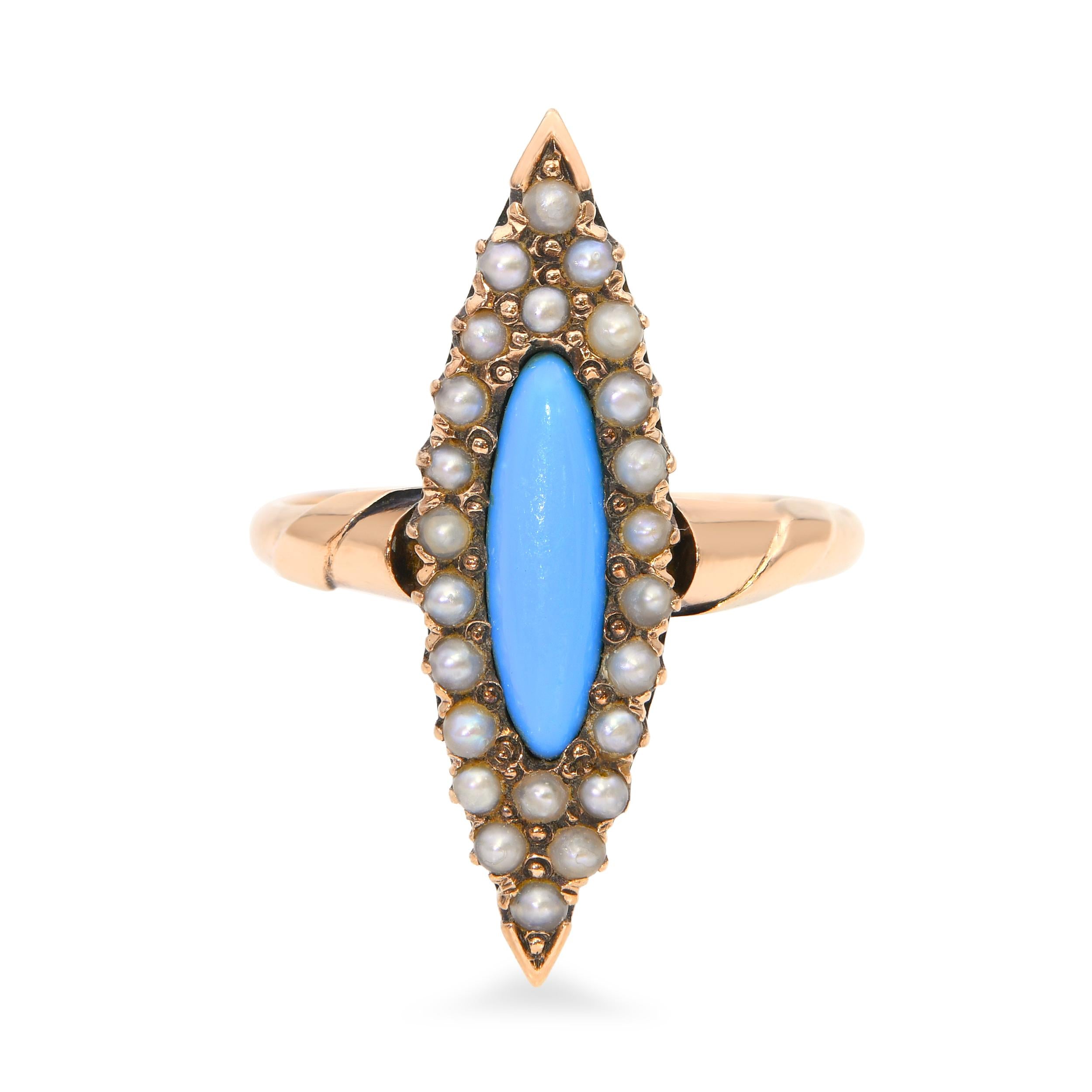 Antique Victorian 9K Yellow Gold Turquoise and Seed Pearl Navette Ring