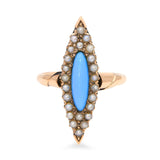 Antique Victorian 9K Yellow Gold Turquoise and Seed Pearl Navette Ring