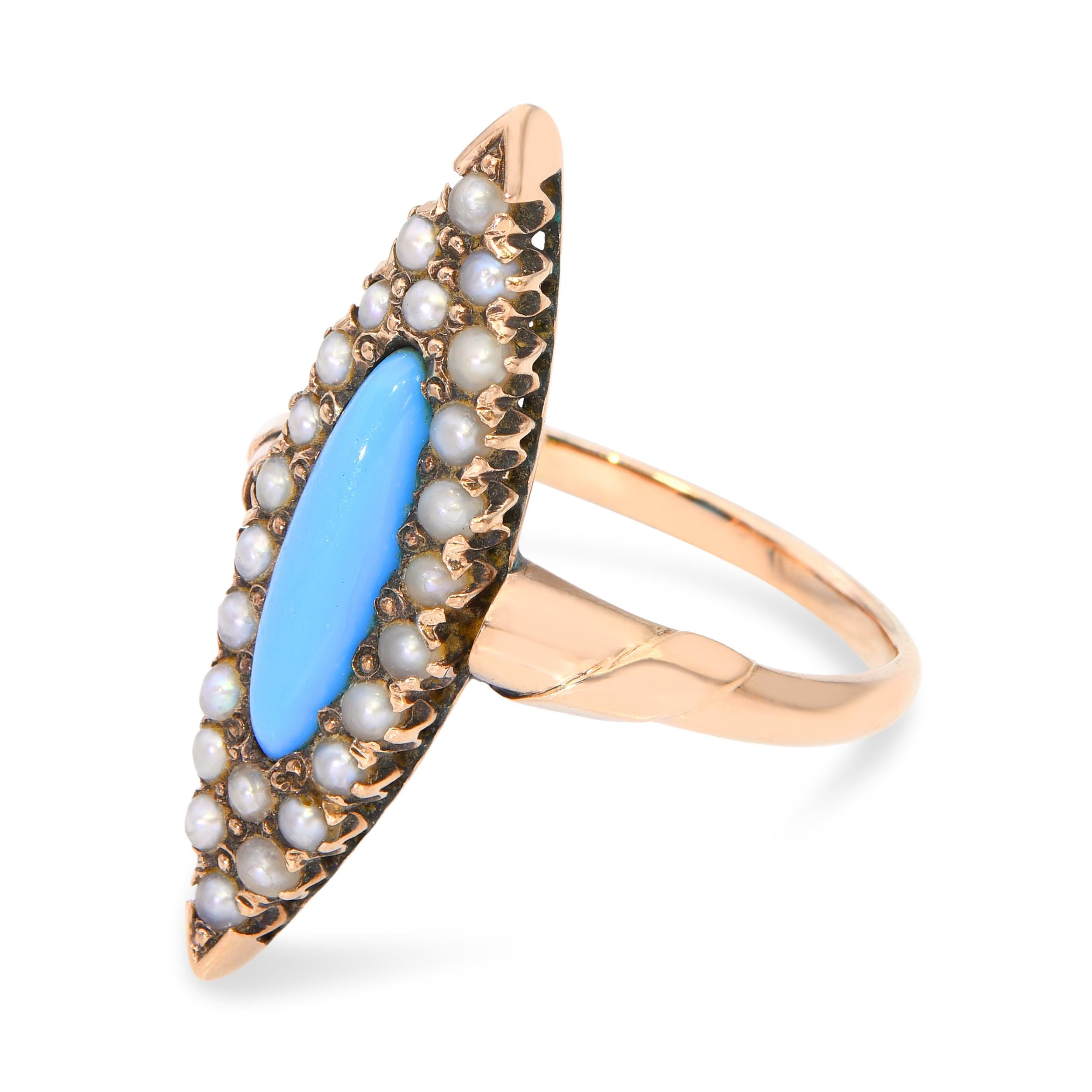 Antique Victorian 9K Yellow Gold Turquoise and Seed Pearl Navette Ring