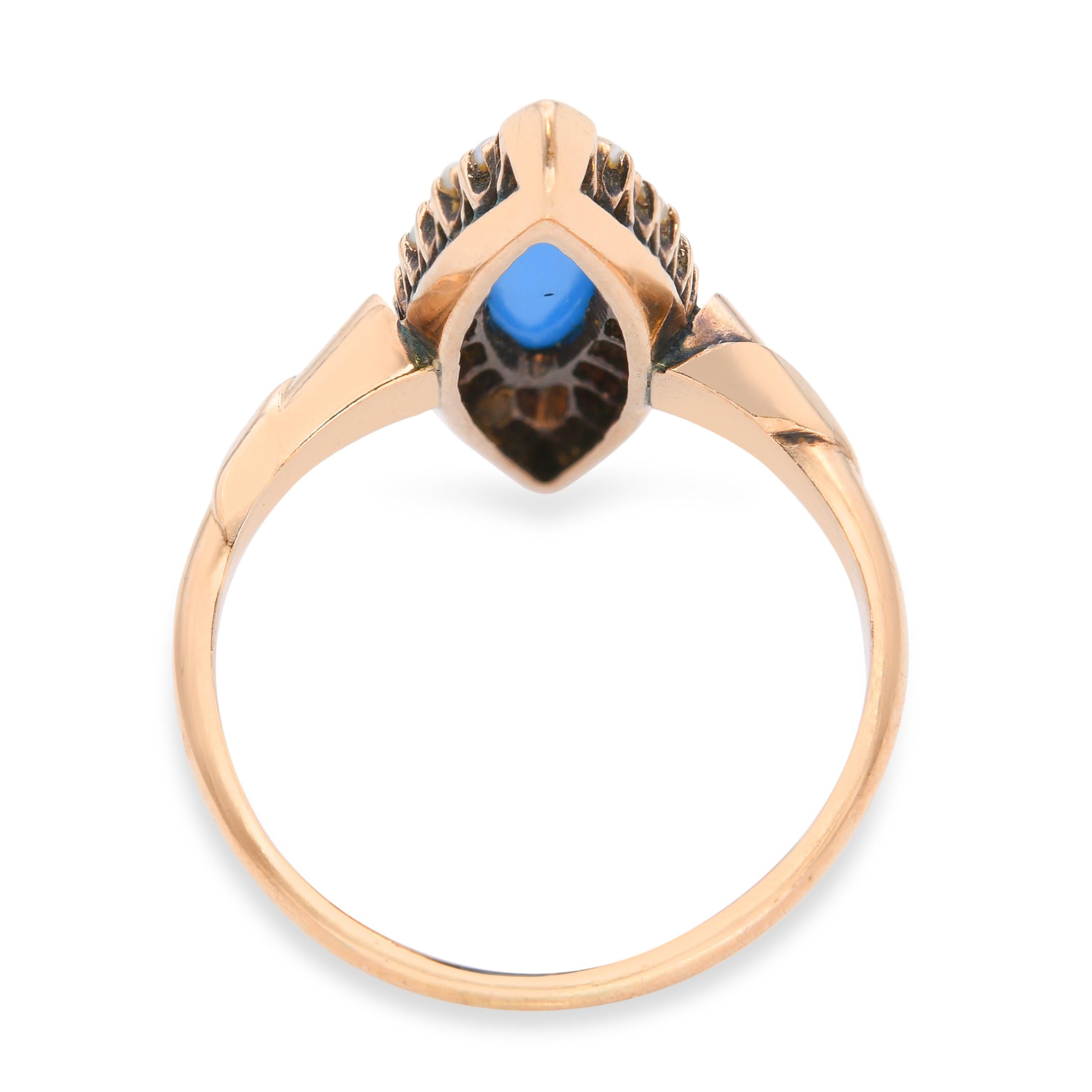 Antique Victorian 9K Yellow Gold Turquoise and Seed Pearl Navette Ring