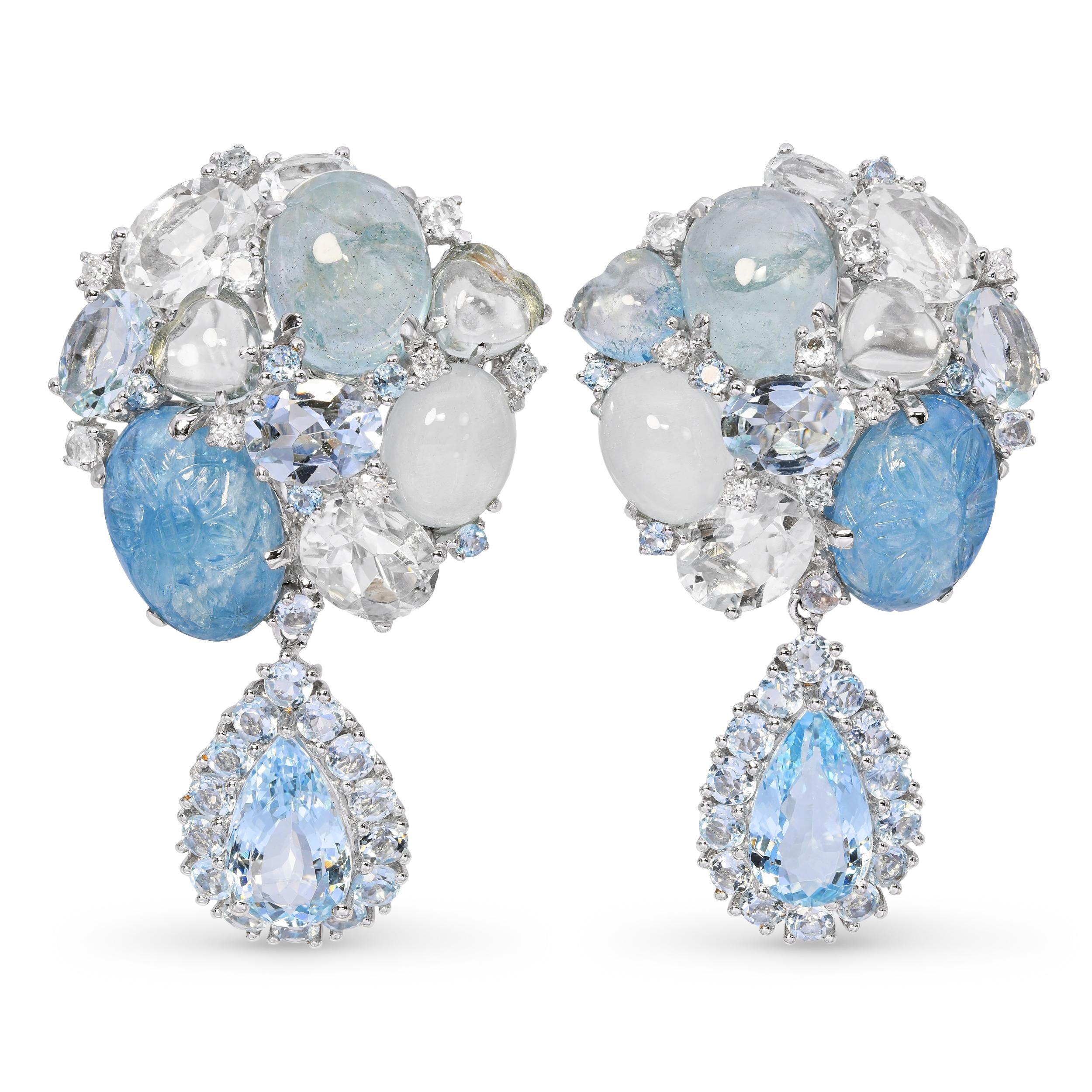 18k White Gold 49.32tcw Aquamarine and Diamond Cluster Drop Earrings