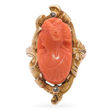 Antique 10k Yellow Gold Coral Cameo Diamond Ring