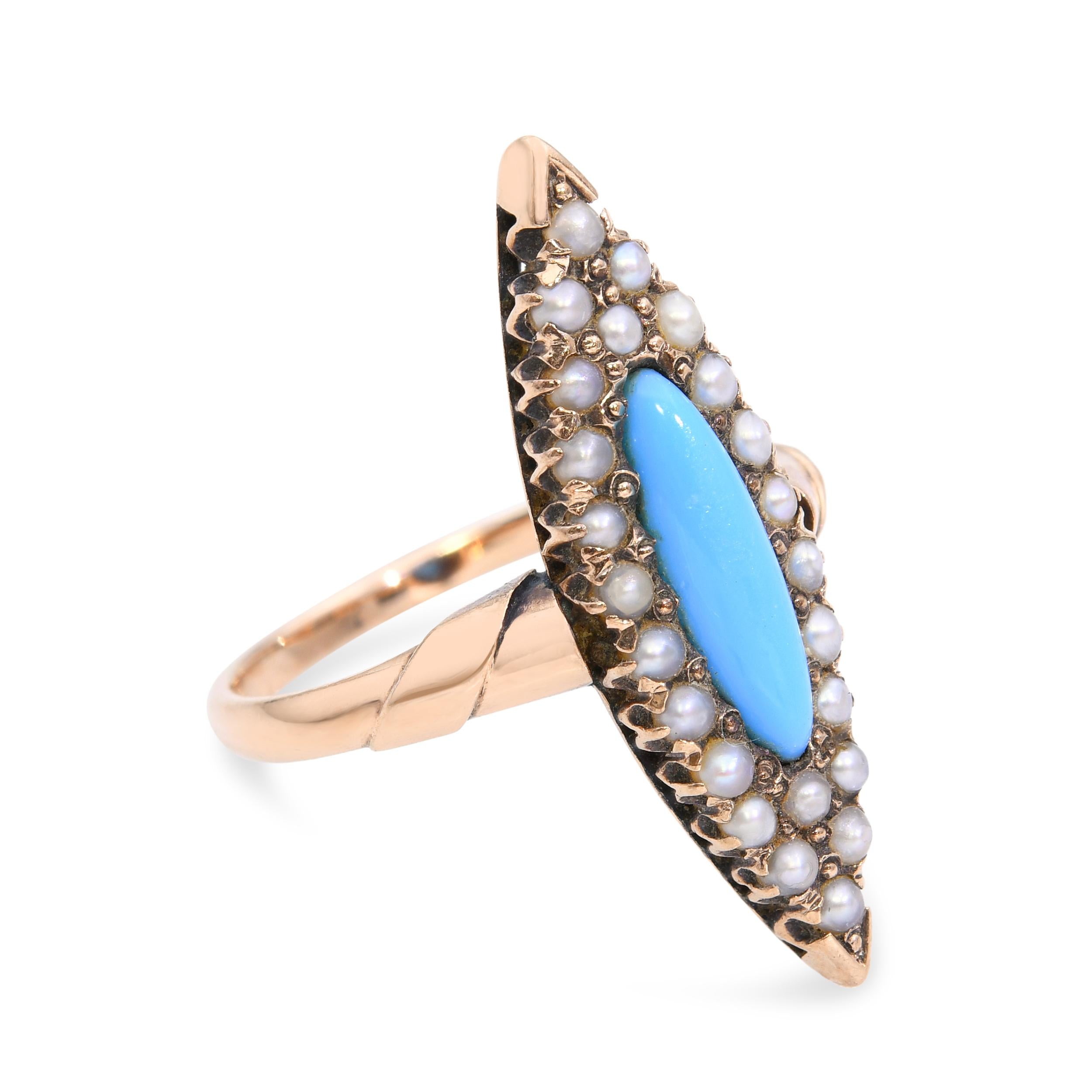 Antique Victorian 9K Yellow Gold Turquoise and Seed Pearl Navette Ring