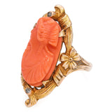 Antique 10k Yellow Gold Coral Cameo Diamond Ring