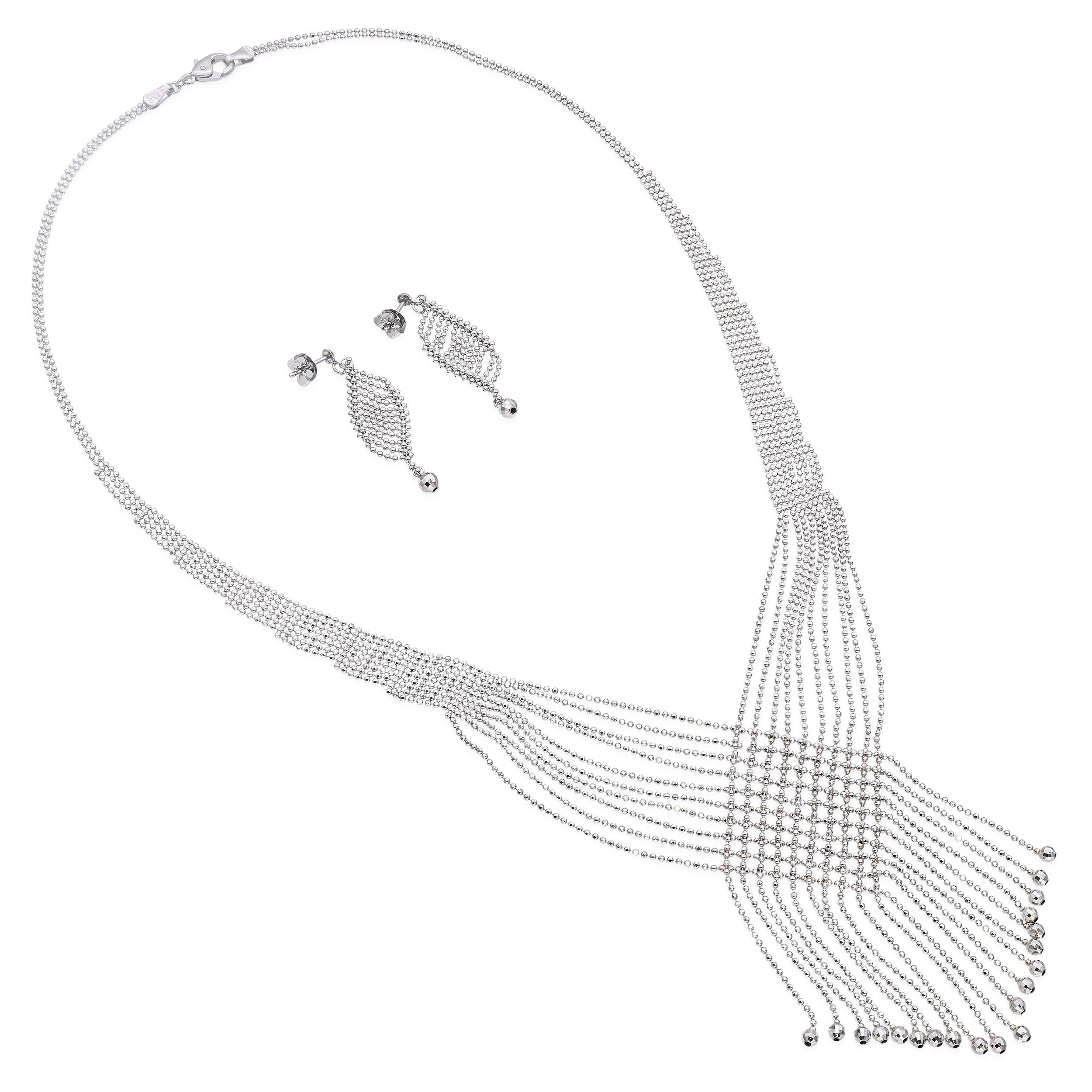 Platinum Bead with Diamond-Cut Accents Necklace and Dangle Earrings Set