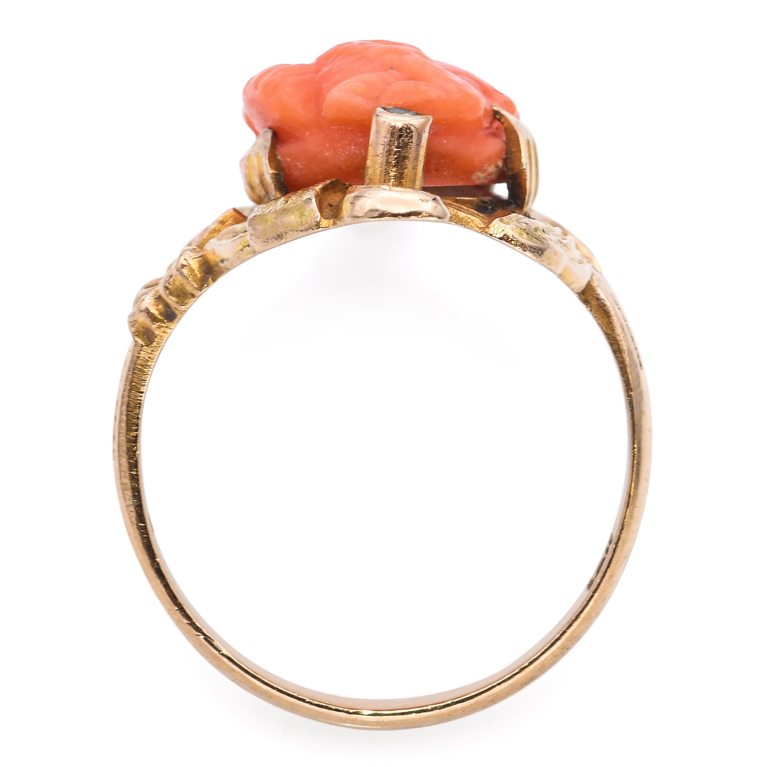 Antique 10k Yellow Gold Coral Cameo Diamond Ring