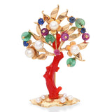 Vintage 14k Yellow Gold Ox Blood Coral and Multi-Stone Tree Brooch