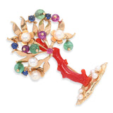Vintage 14k Yellow Gold Ox Blood Coral and Multi-Stone Tree Brooch