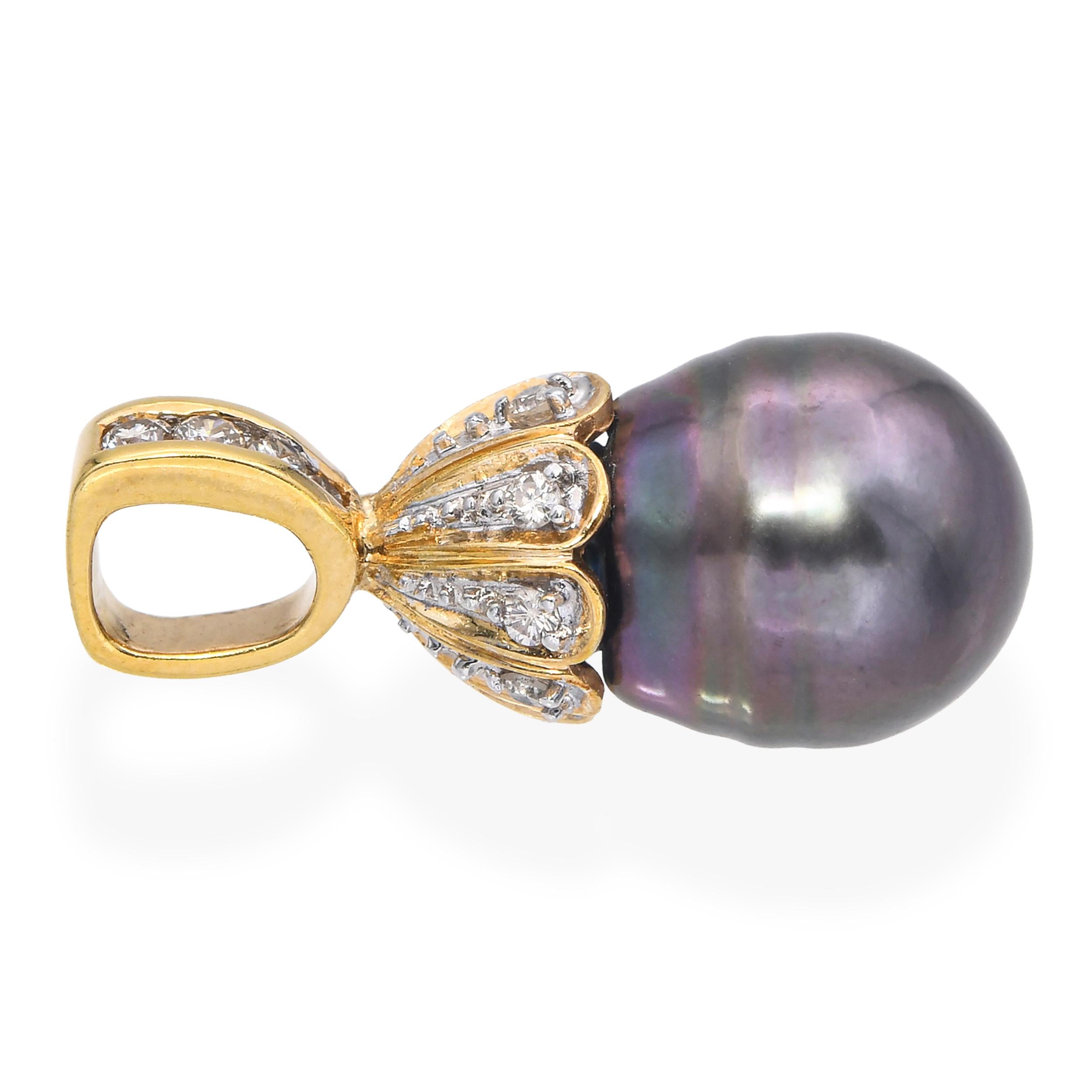 Vintage 18k Yellow Gold Diamond and Tahitian Pearl Pendant