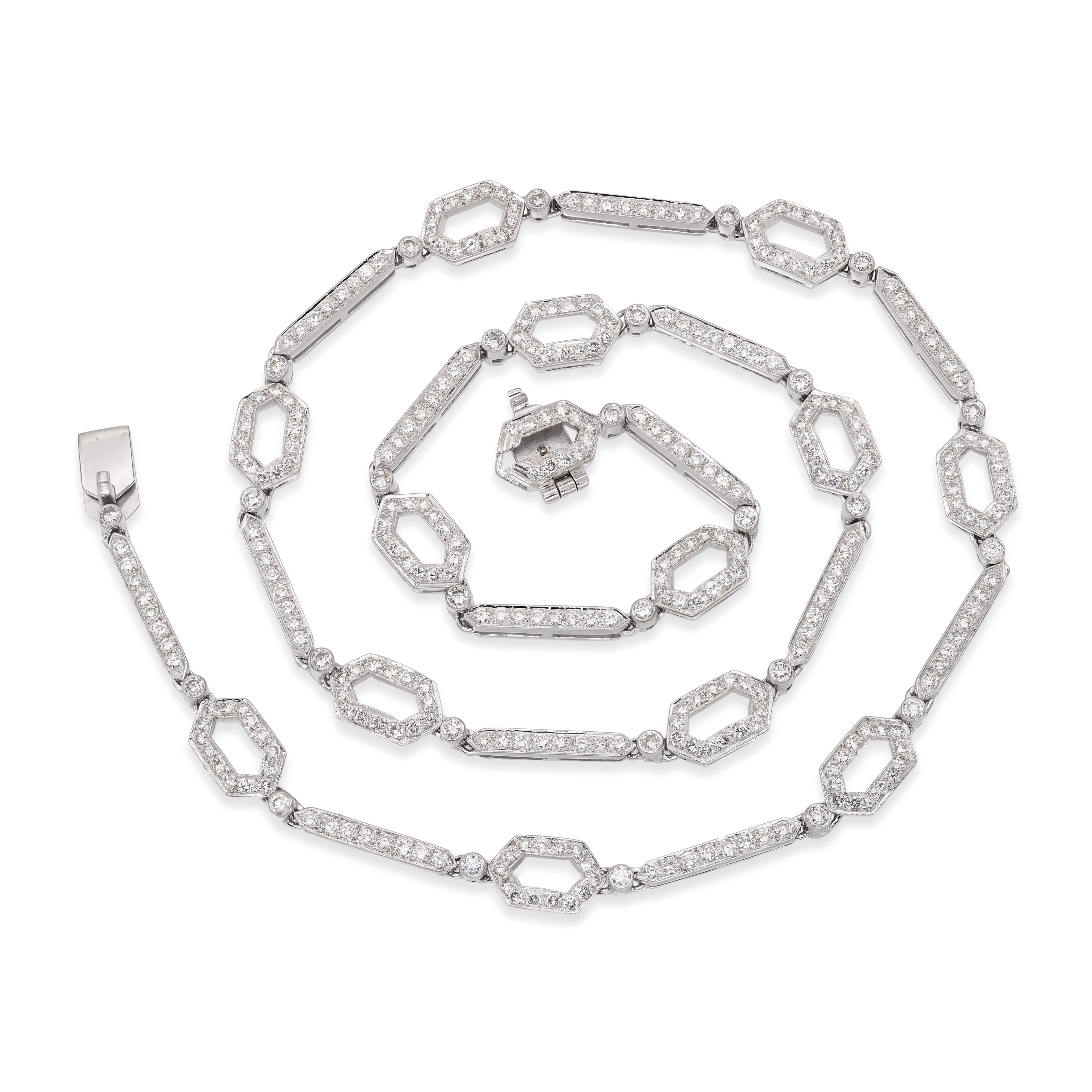 18k White Gold Diamond Link Art Deco Style Necklace