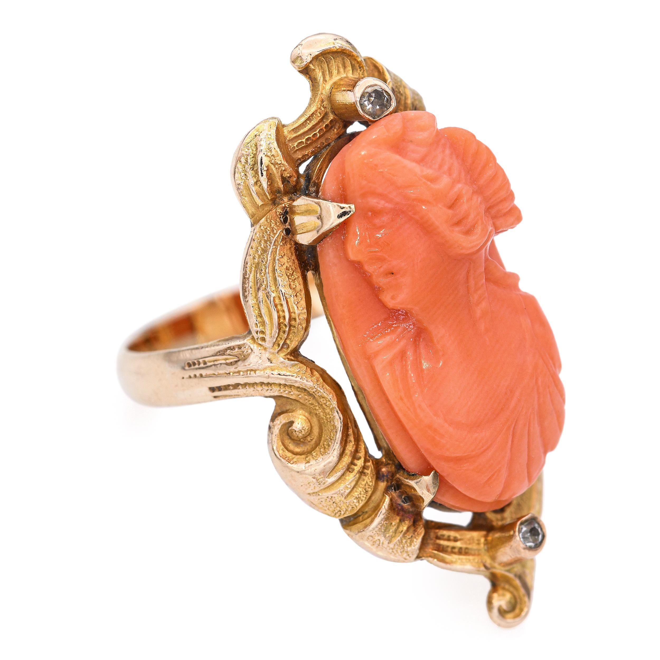 Antique 10k Yellow Gold Coral Cameo Diamond Ring