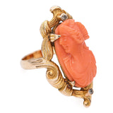 Antique 10k Yellow Gold Coral Cameo Diamond Ring