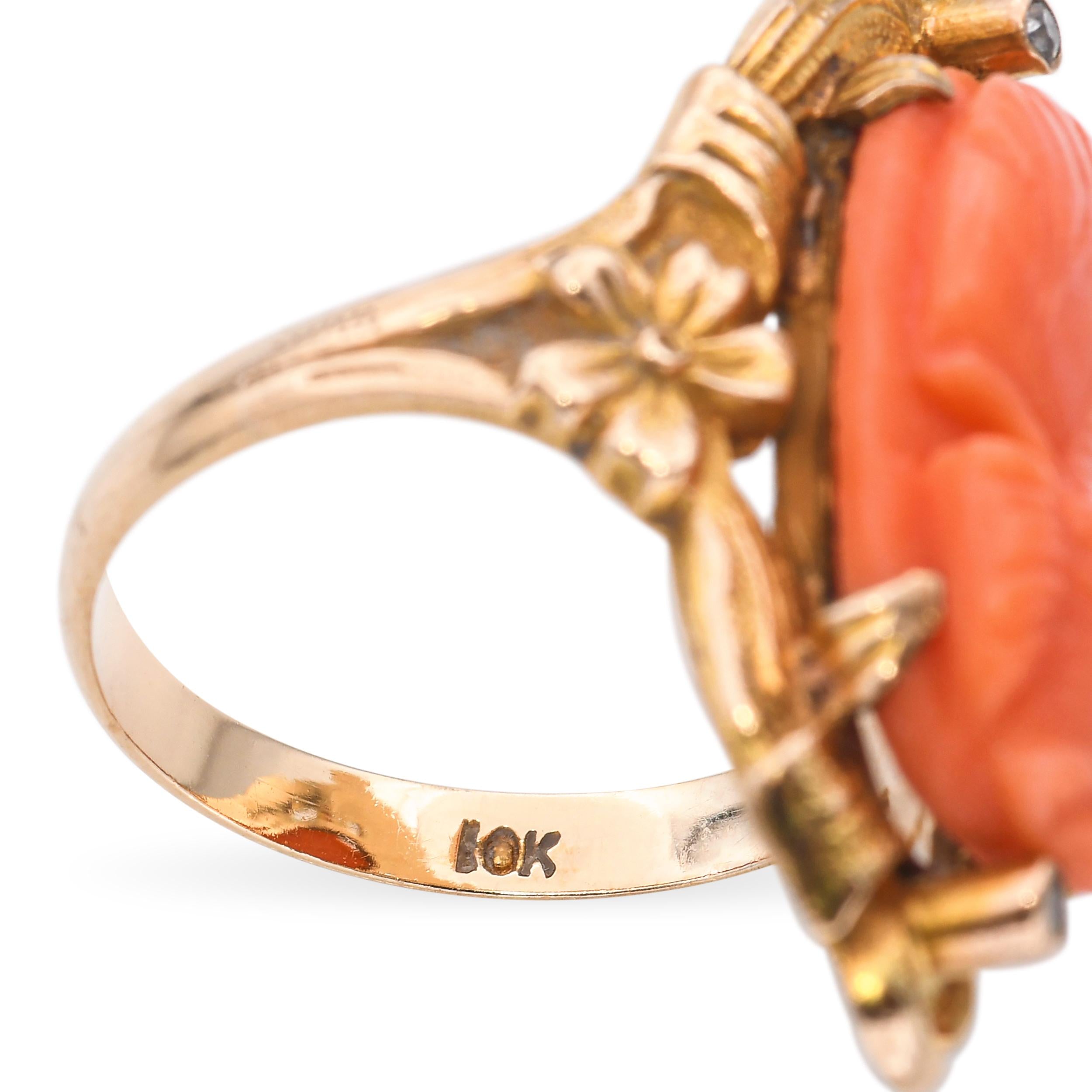 Antique 10k Yellow Gold Coral Cameo Diamond Ring