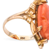 Antique 10k Yellow Gold Coral Cameo Diamond Ring