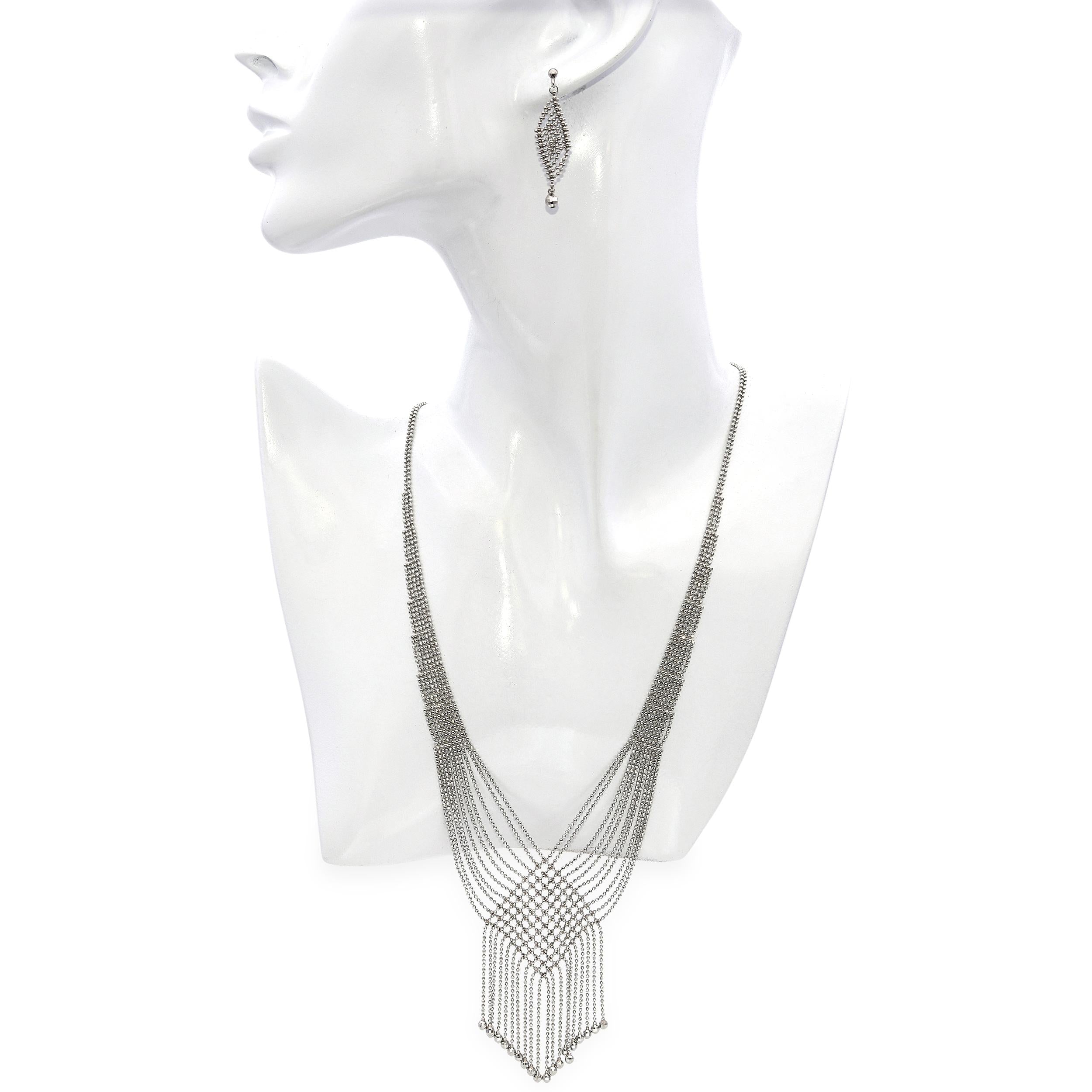 Platinum Bead with Diamond-Cut Accents Necklace and Dangle Earrings Set