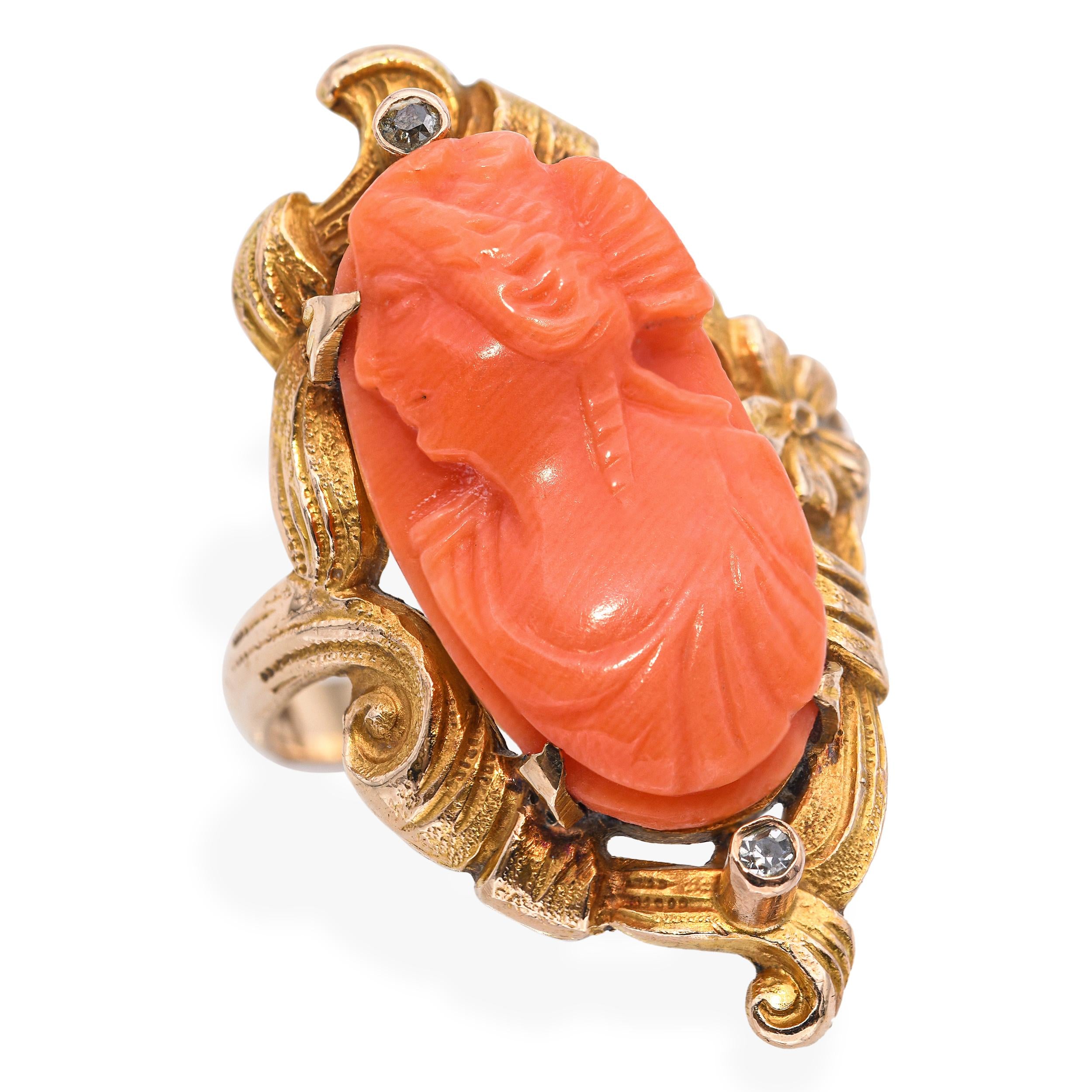 Antique 10k Yellow Gold Coral Cameo Diamond Ring