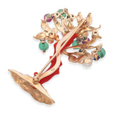 Vintage 14k Yellow Gold Ox Blood Coral and Multi-Stone Tree Brooch