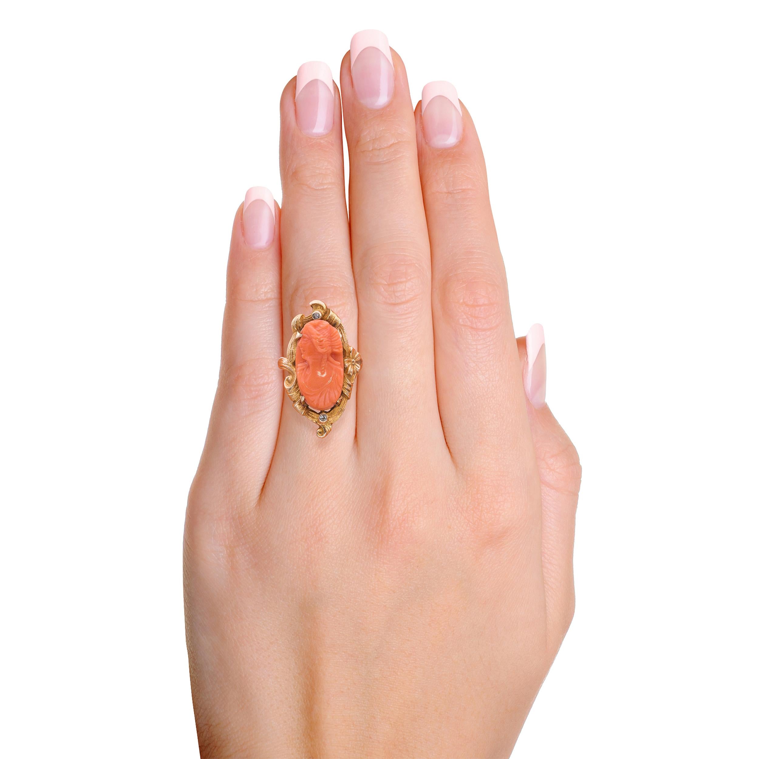 Antique 10k Yellow Gold Coral Cameo Diamond Ring