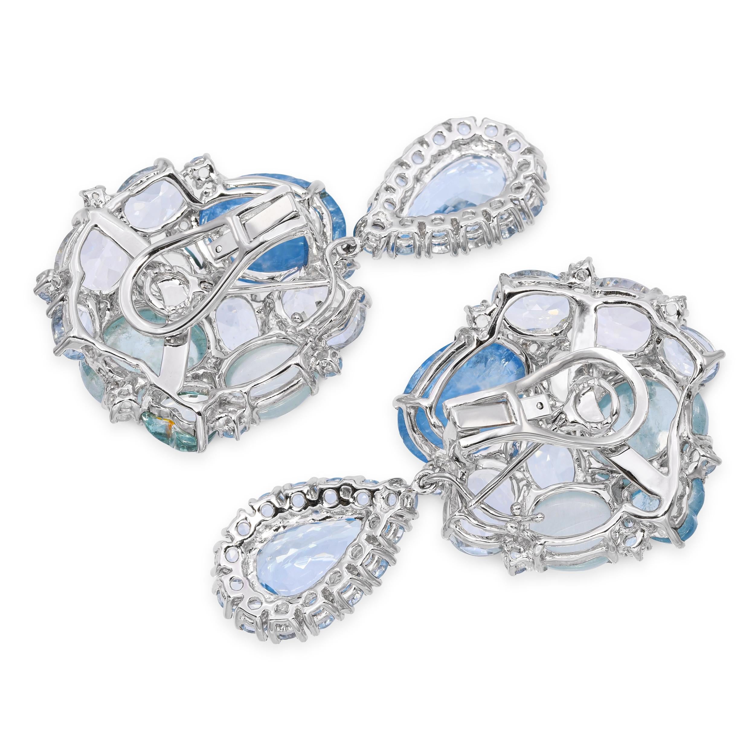18k White Gold 49.32tcw Aquamarine and Diamond Cluster Drop Earrings