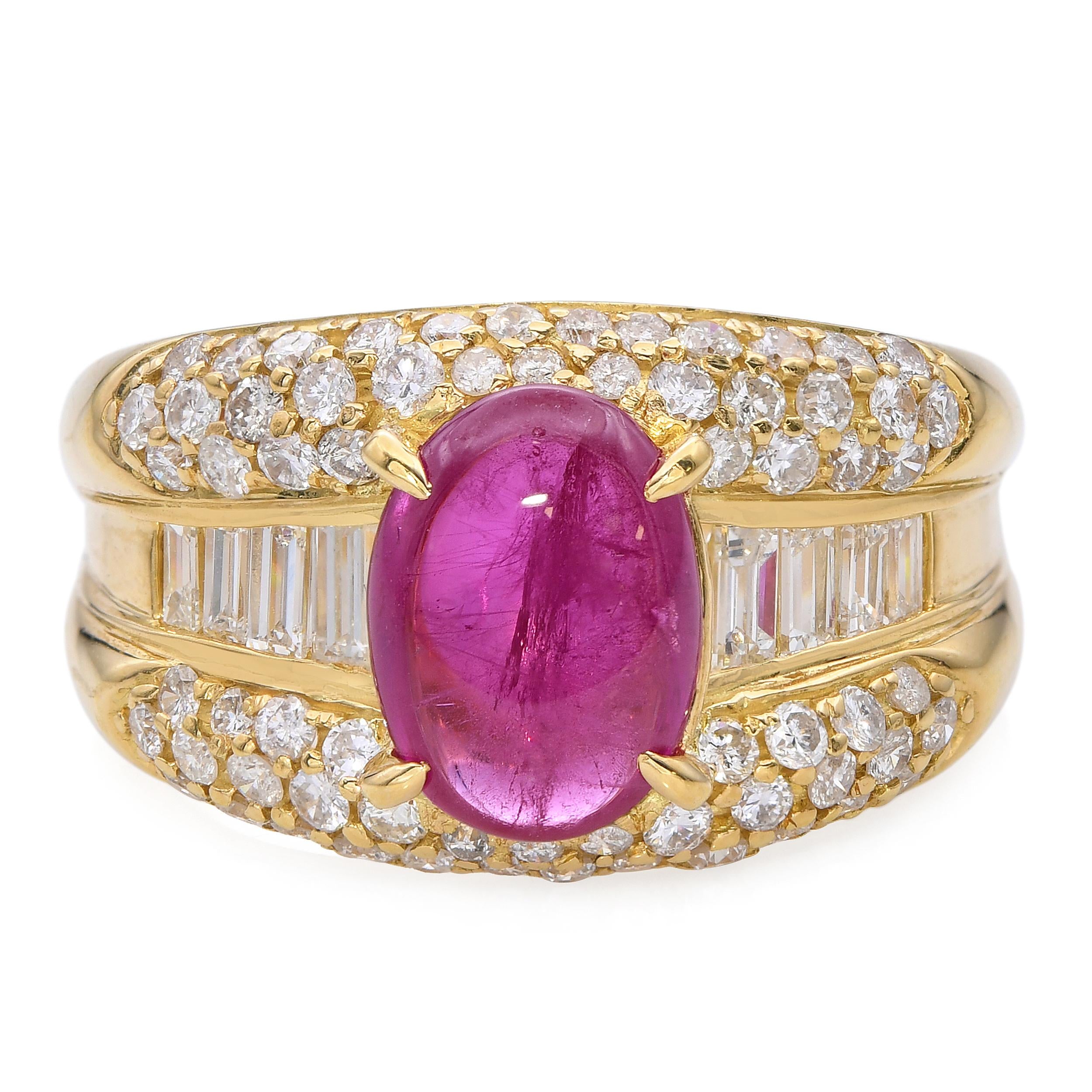 18k Yellow Gold 2.66ct Ruby Cabochon and Diamond Statement Ring
