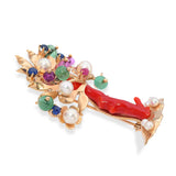 Vintage 14k Yellow Gold Ox Blood Coral and Multi-Stone Tree Brooch