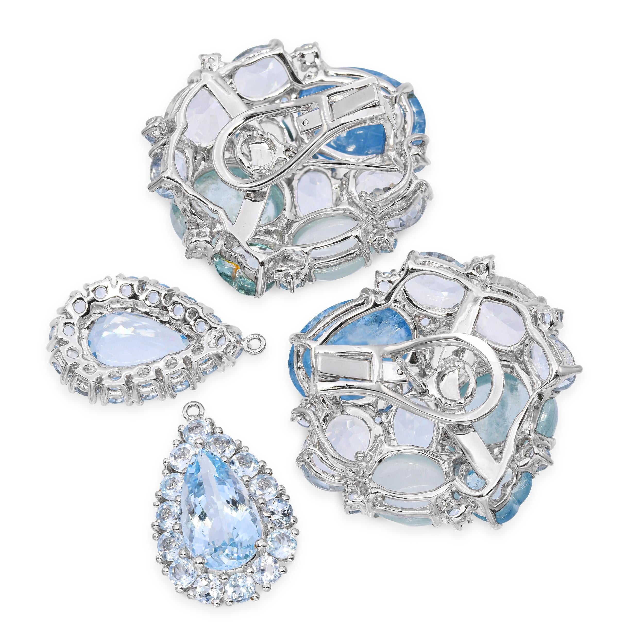 18k White Gold 49.32tcw Aquamarine and Diamond Cluster Drop Earrings