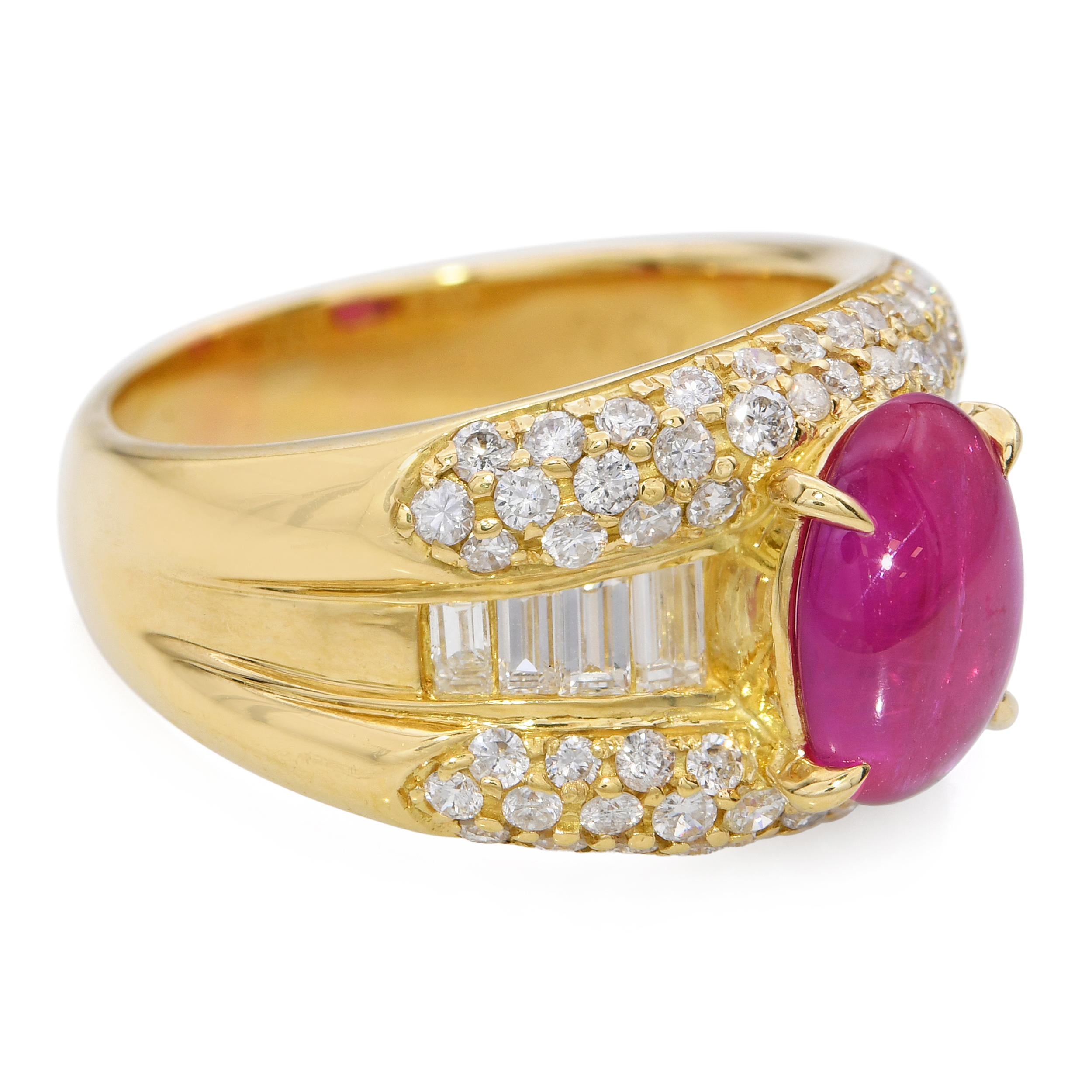18k Yellow Gold 2.66ct Ruby Cabochon and Diamond Statement Ring