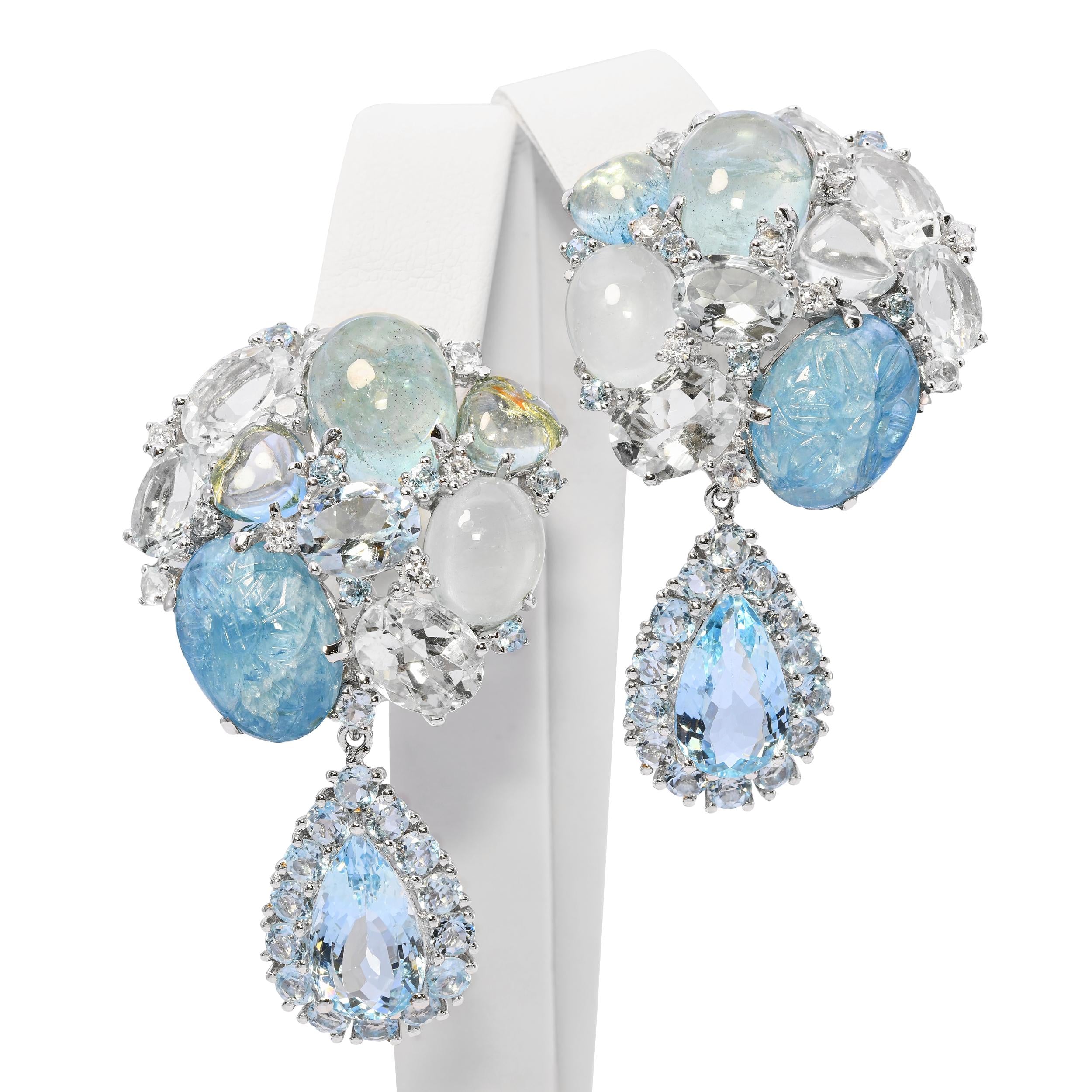 18k White Gold 49.32tcw Aquamarine and Diamond Cluster Drop Earrings