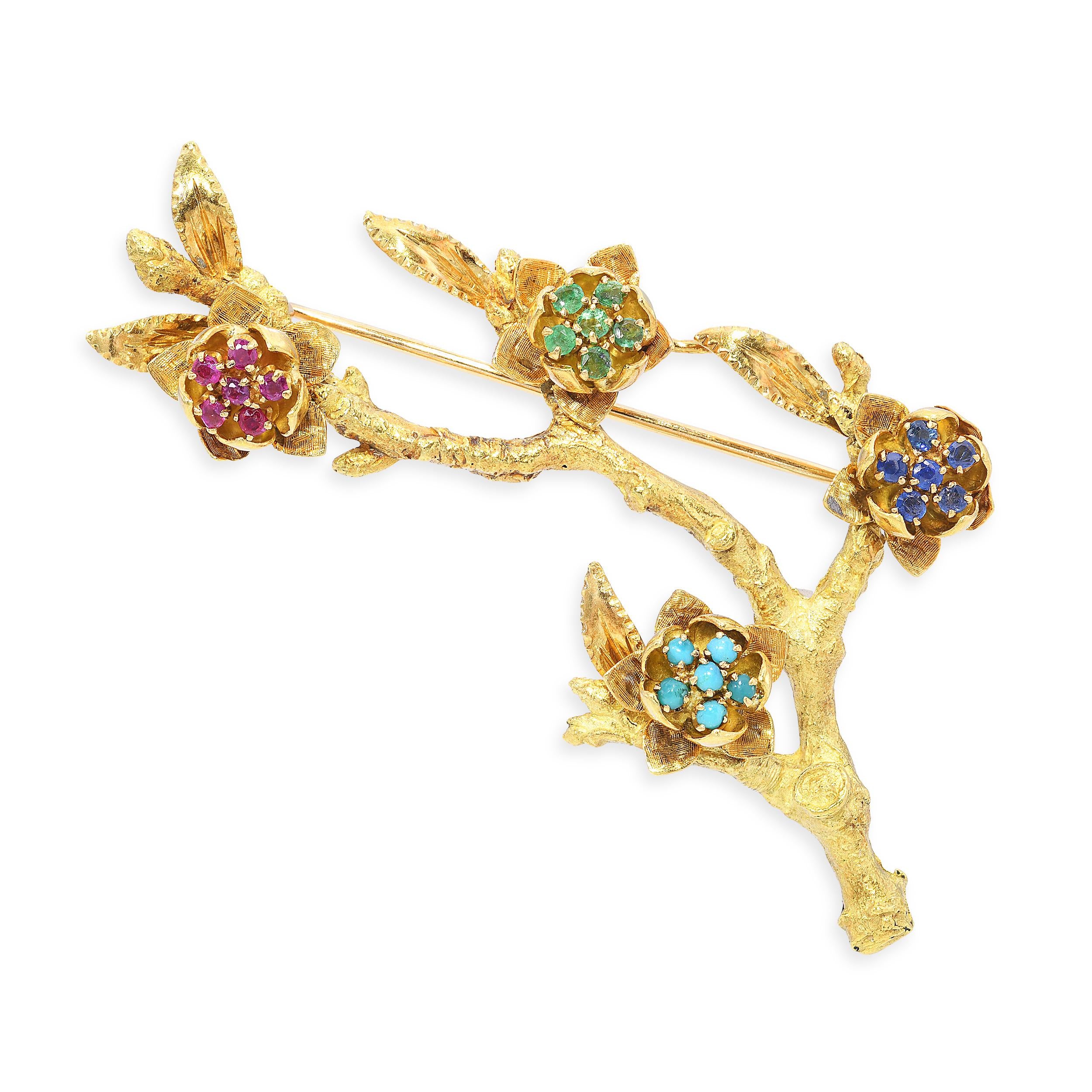Vintage H. Stern 18k Yellow Gold Multi-Gemstone Blooming Tree Brooch