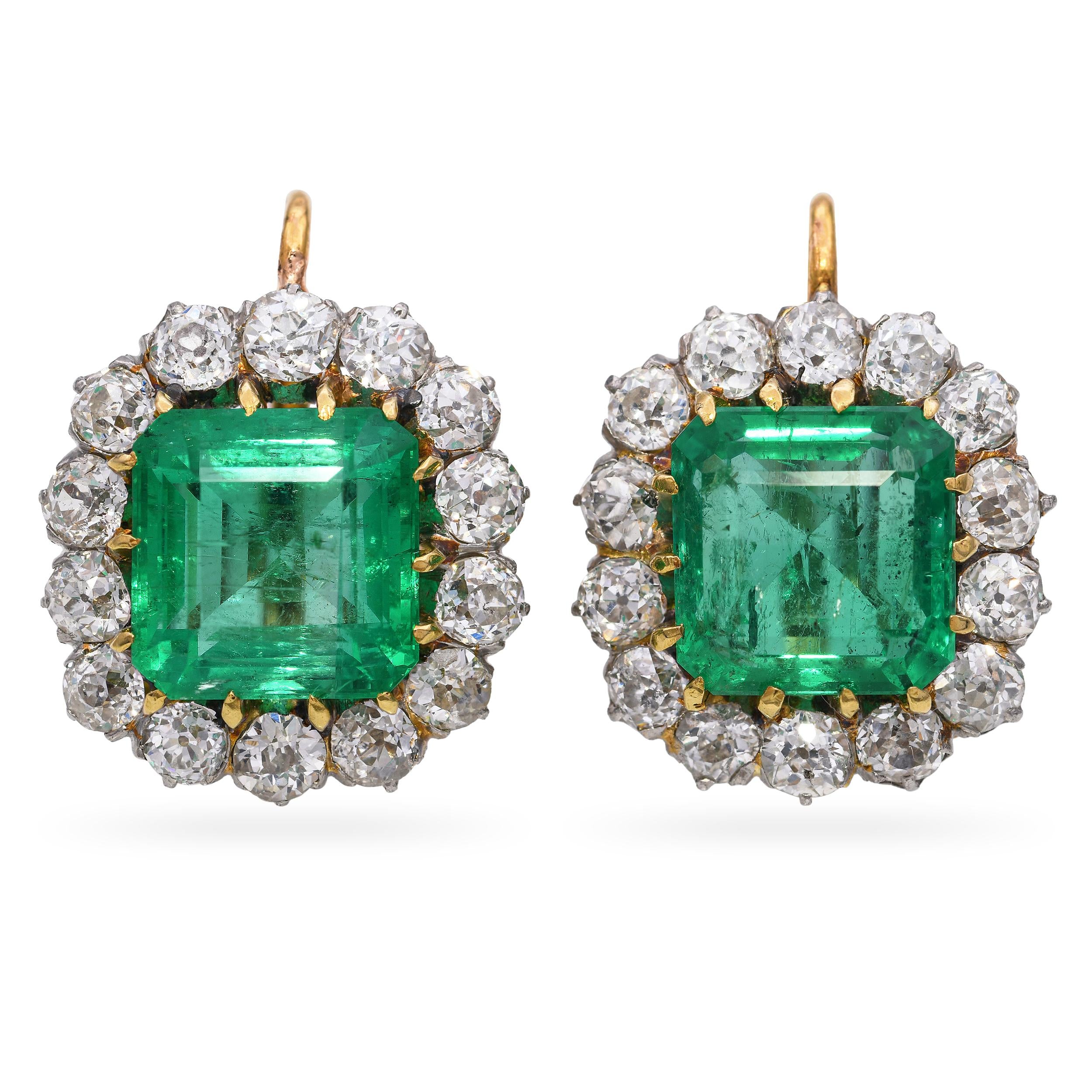Antique 18k Yellow Gold & Platinum GIA Colombian Emerald & Diamond Earrings