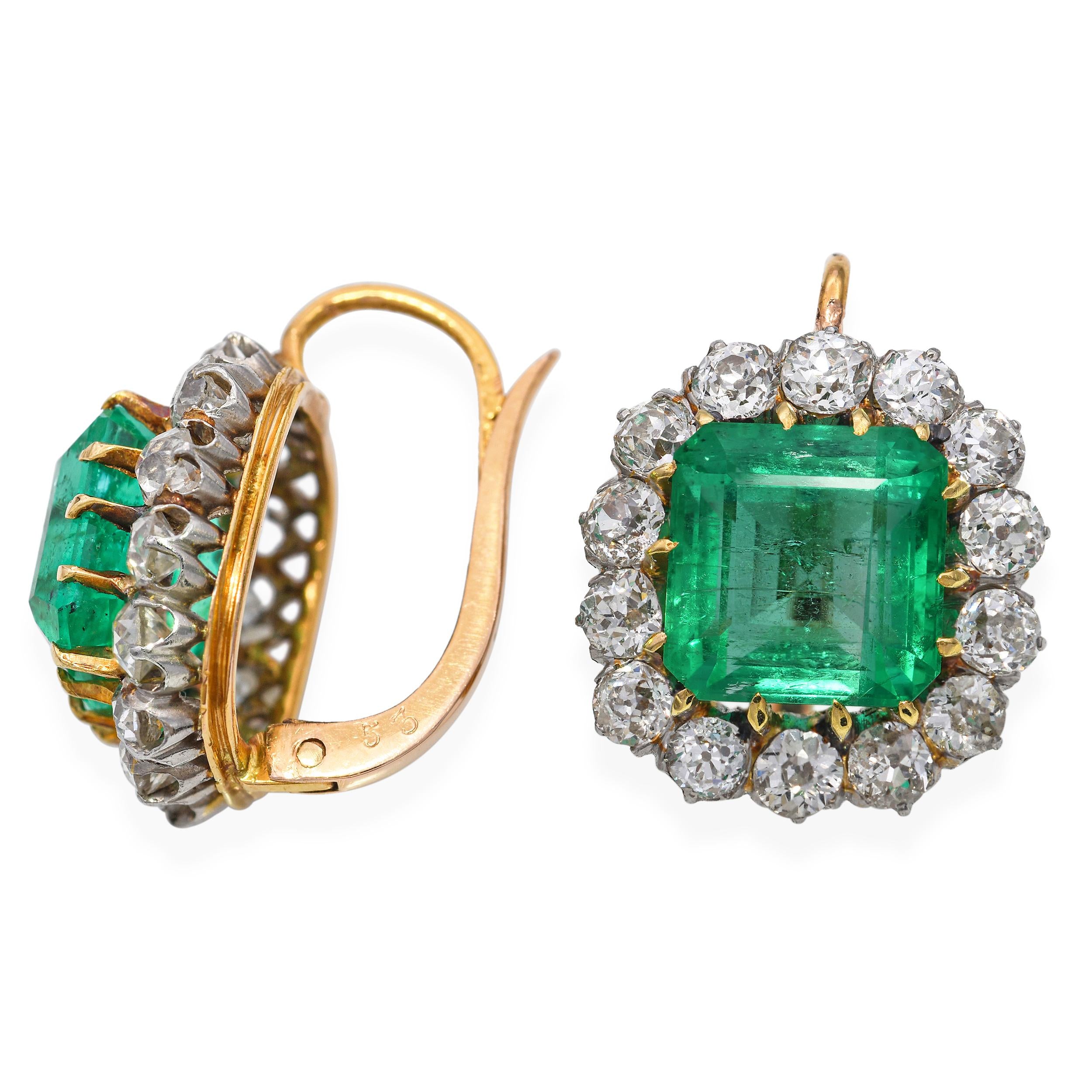 Antique 18k Yellow Gold & Platinum GIA Colombian Emerald & Diamond Earrings