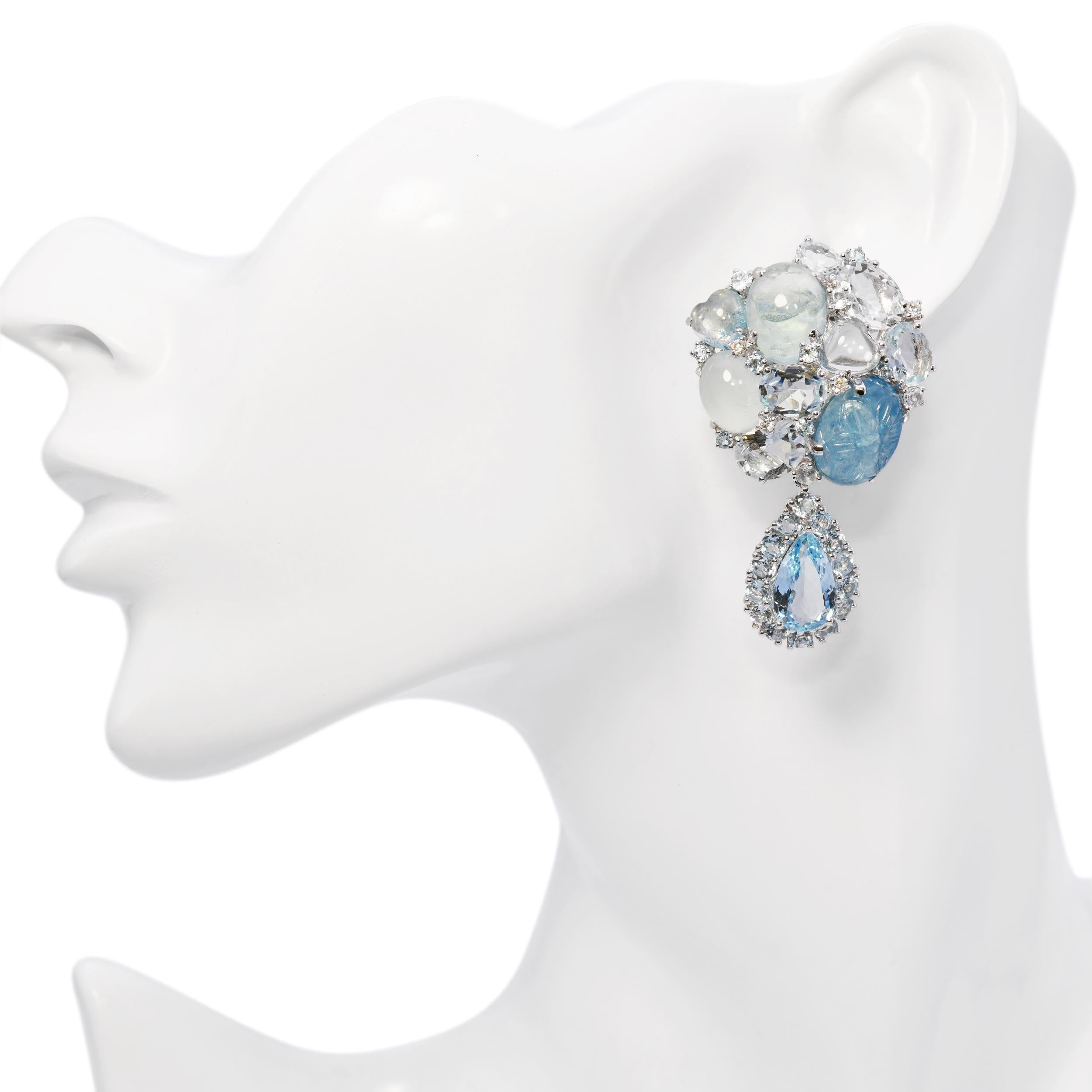 18k White Gold 49.32tcw Aquamarine and Diamond Cluster Drop Earrings