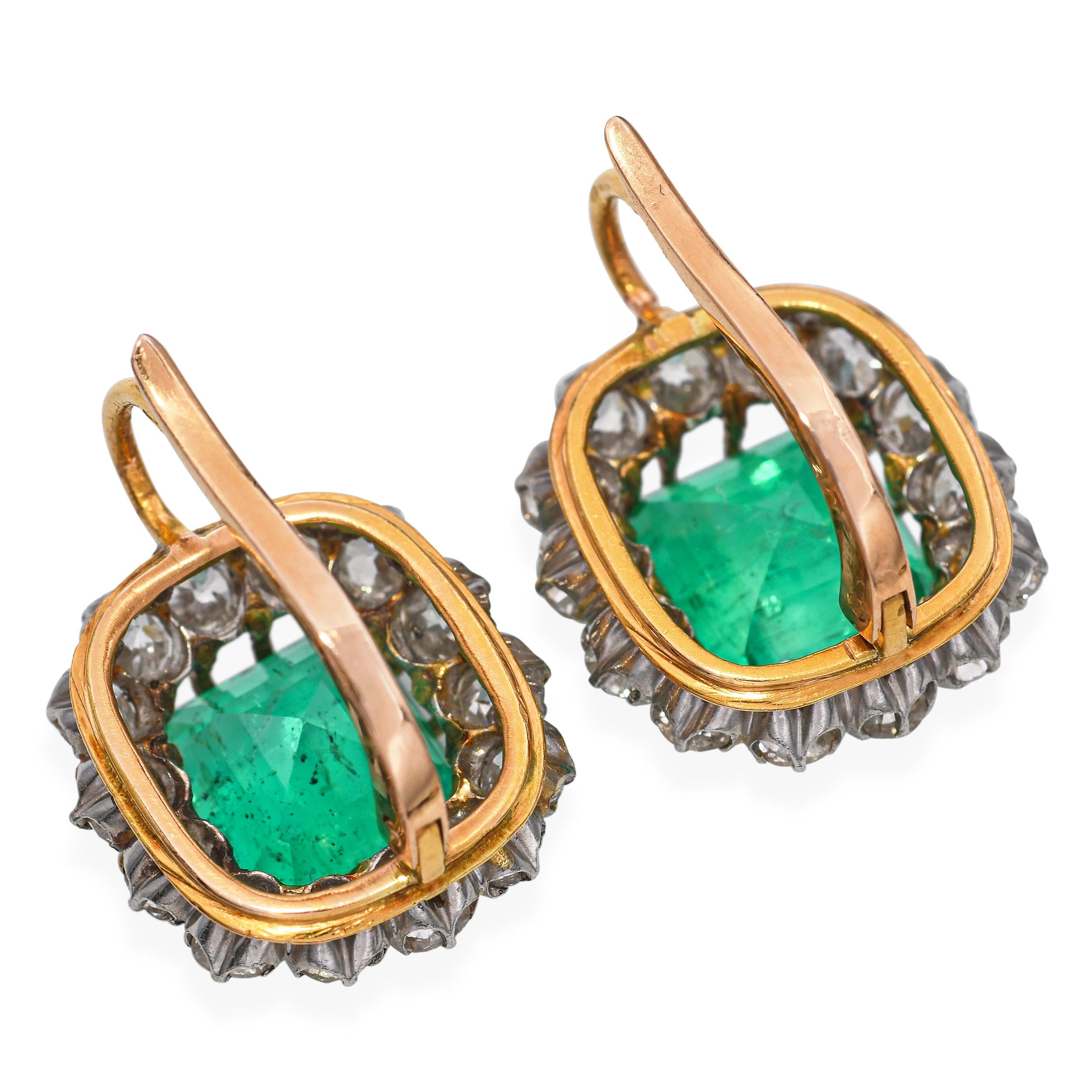Antique 18k Yellow Gold & Platinum GIA Colombian Emerald & Diamond Earrings