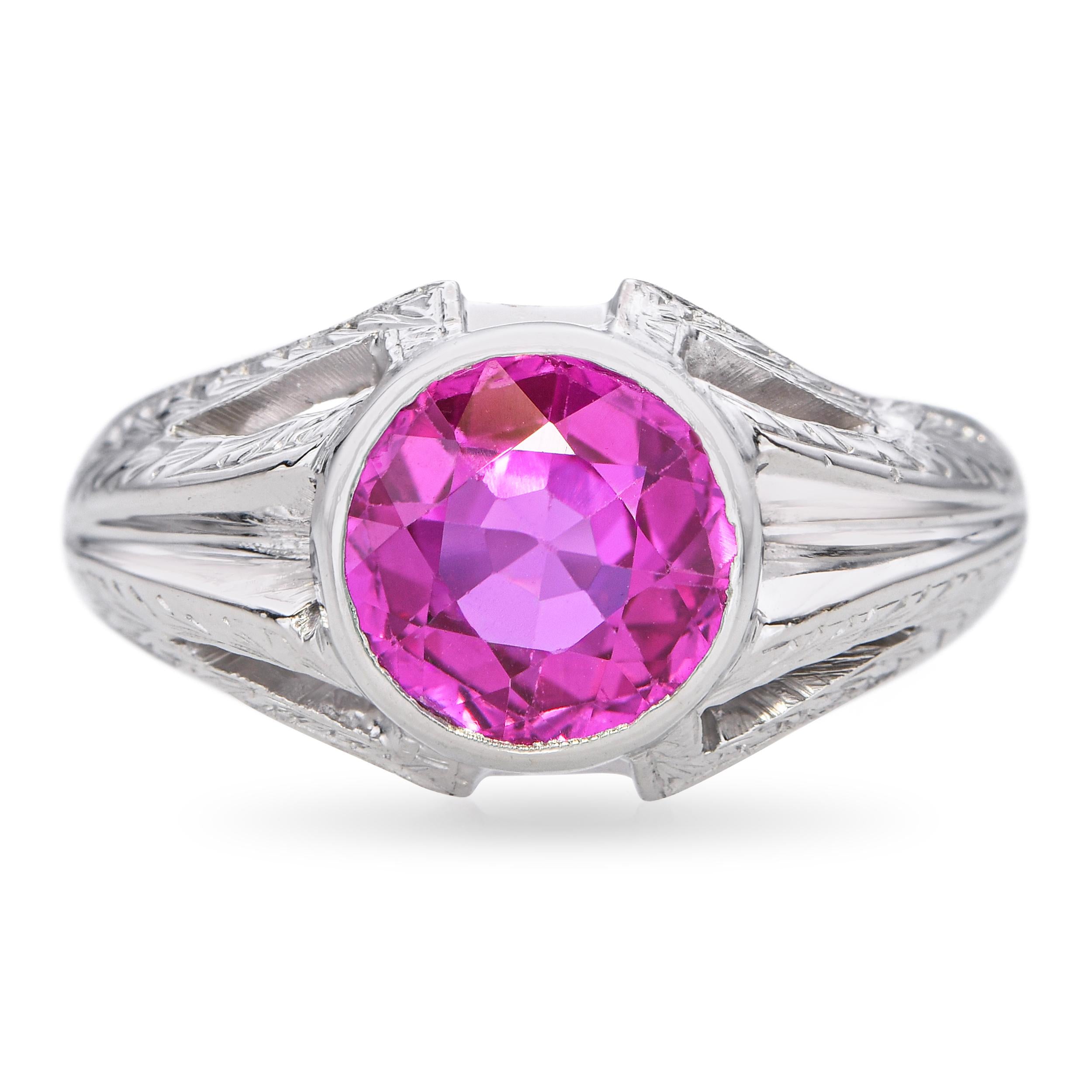 Vintage Retro 18k White Gold Syn Hot Pink Sapphire Ring