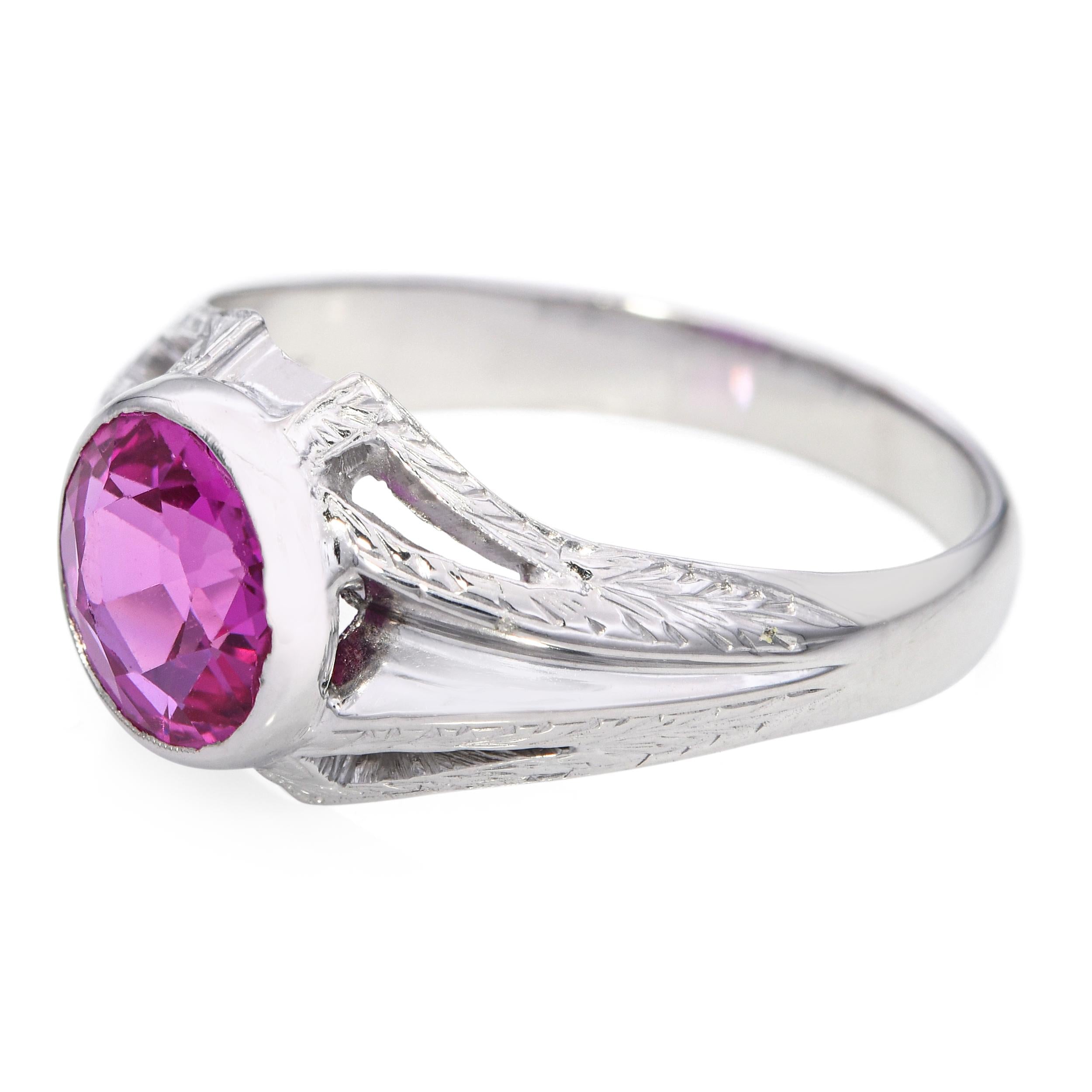 Vintage Retro 18k White Gold Syn Hot Pink Sapphire Ring