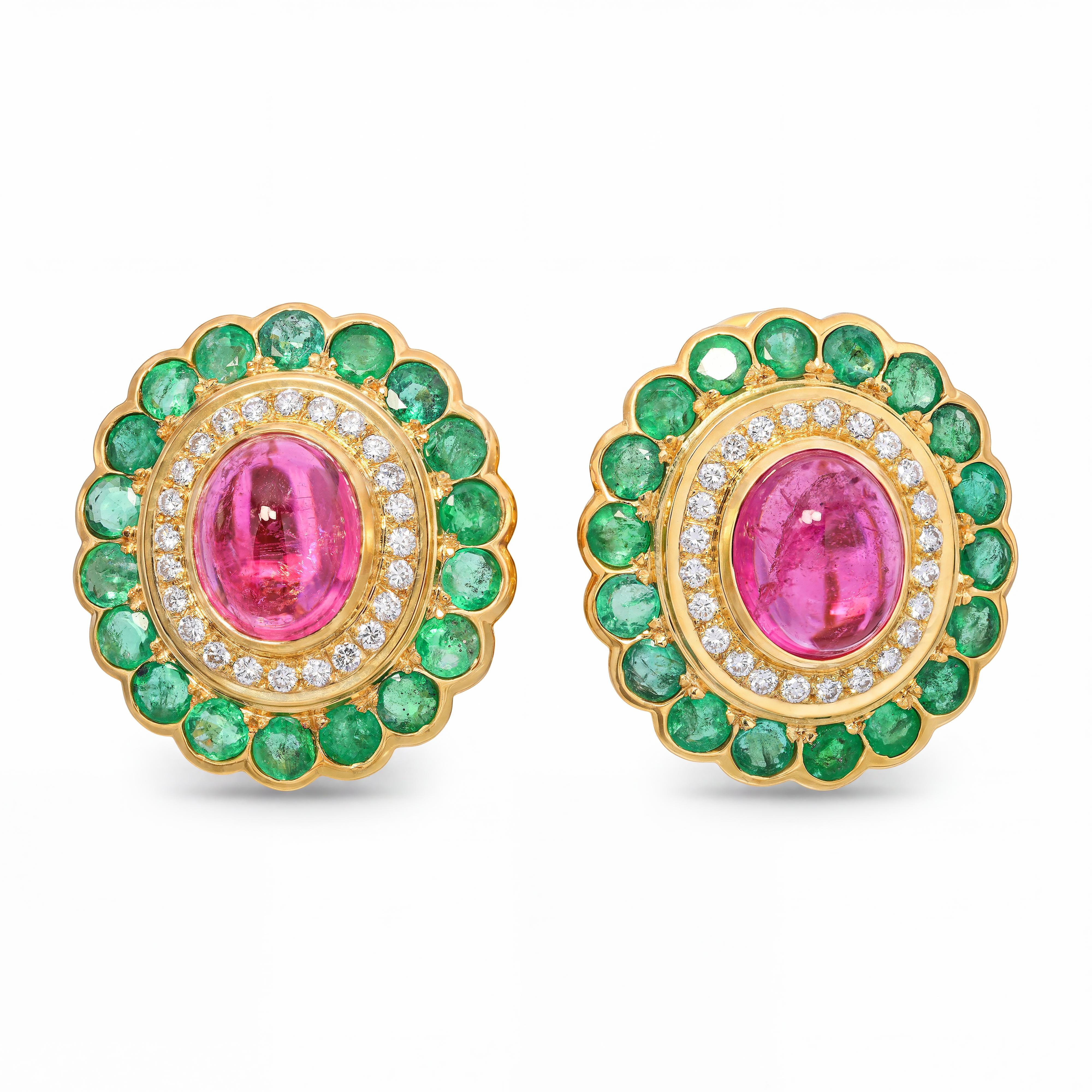 19k Yellow Gold 12.5tcw Tourmaline 3.60tcw Emerald and Diamond Mughal Ear Clips