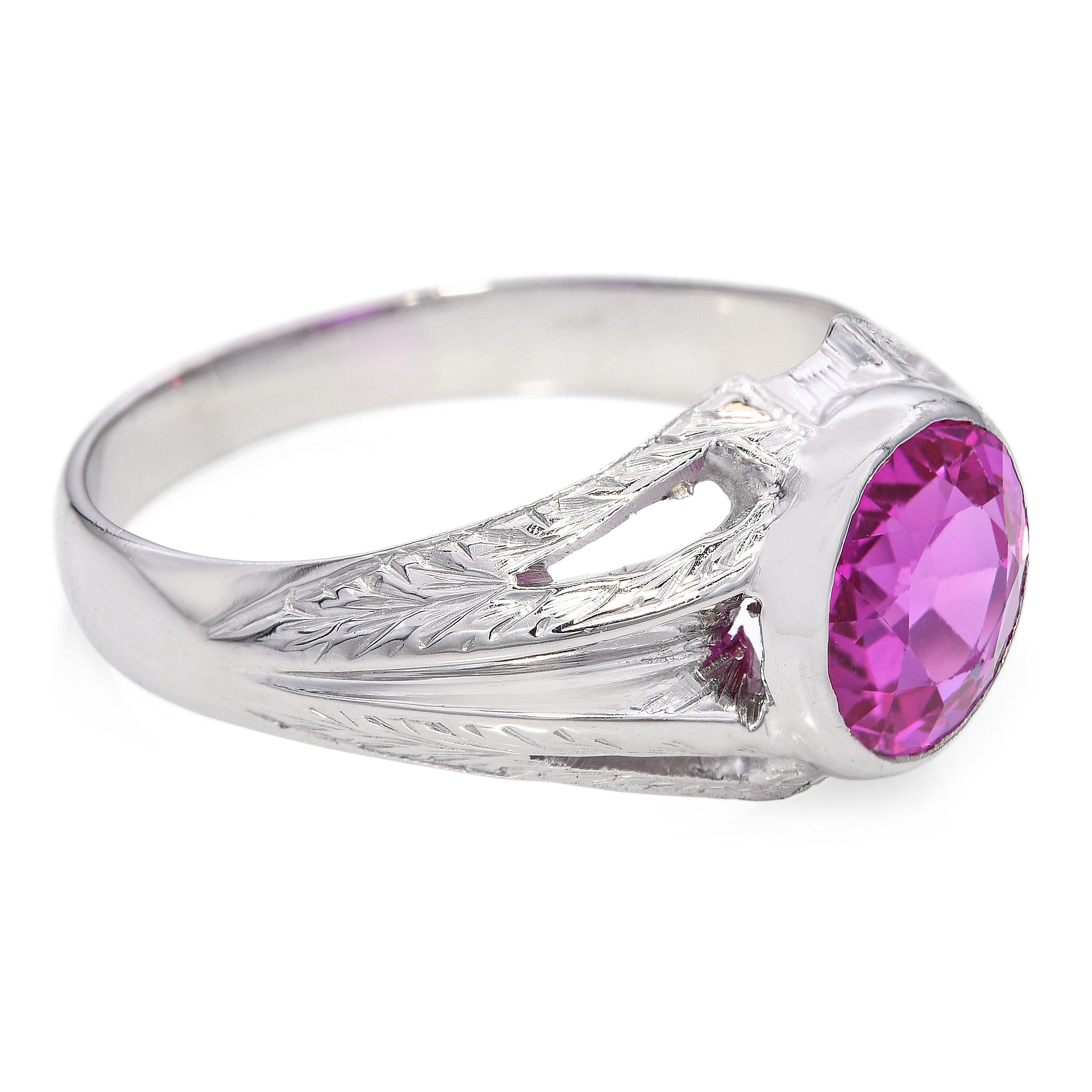 Vintage Retro 18k White Gold Syn Hot Pink Sapphire Ring