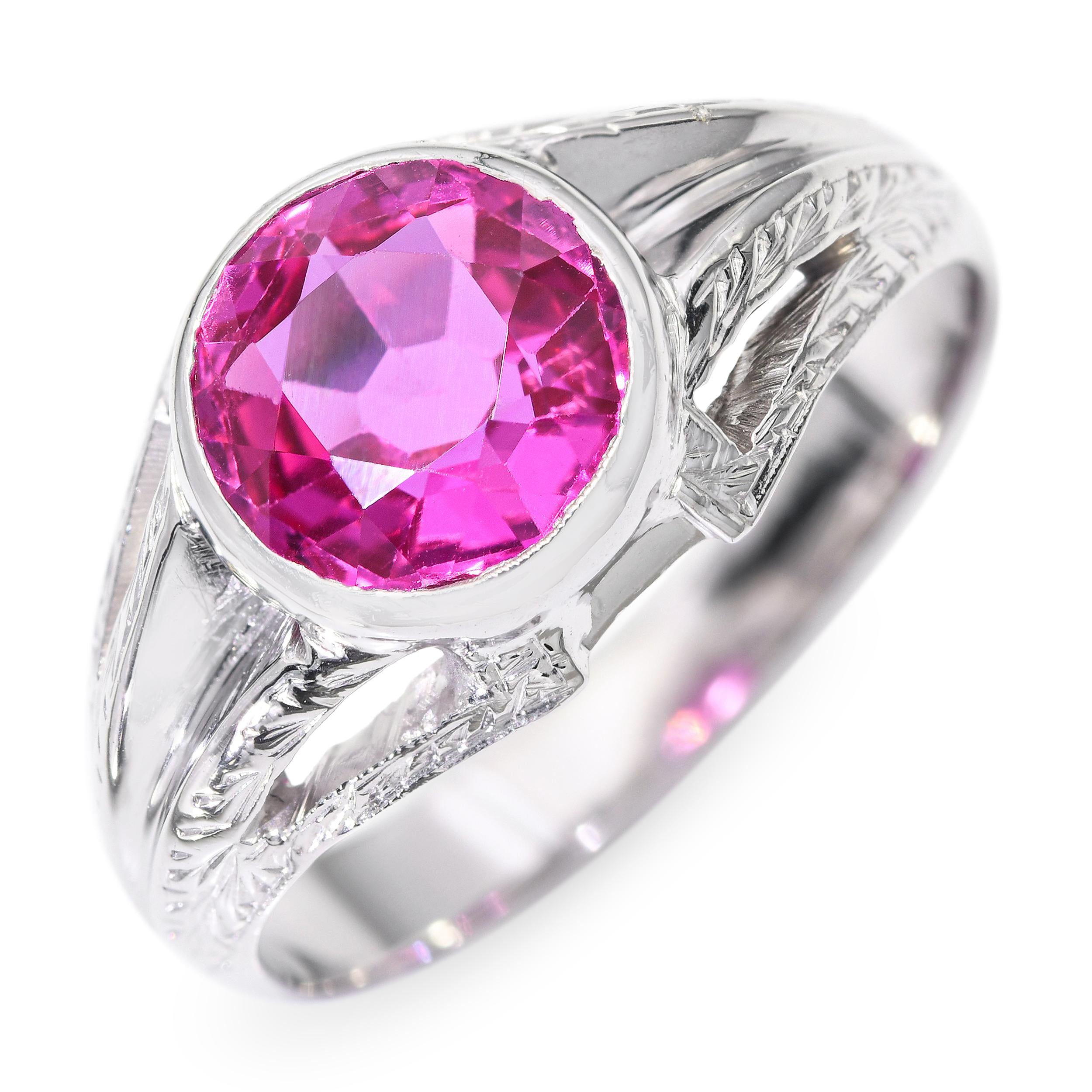 Vintage Retro 18k White Gold Syn Hot Pink Sapphire Ring
